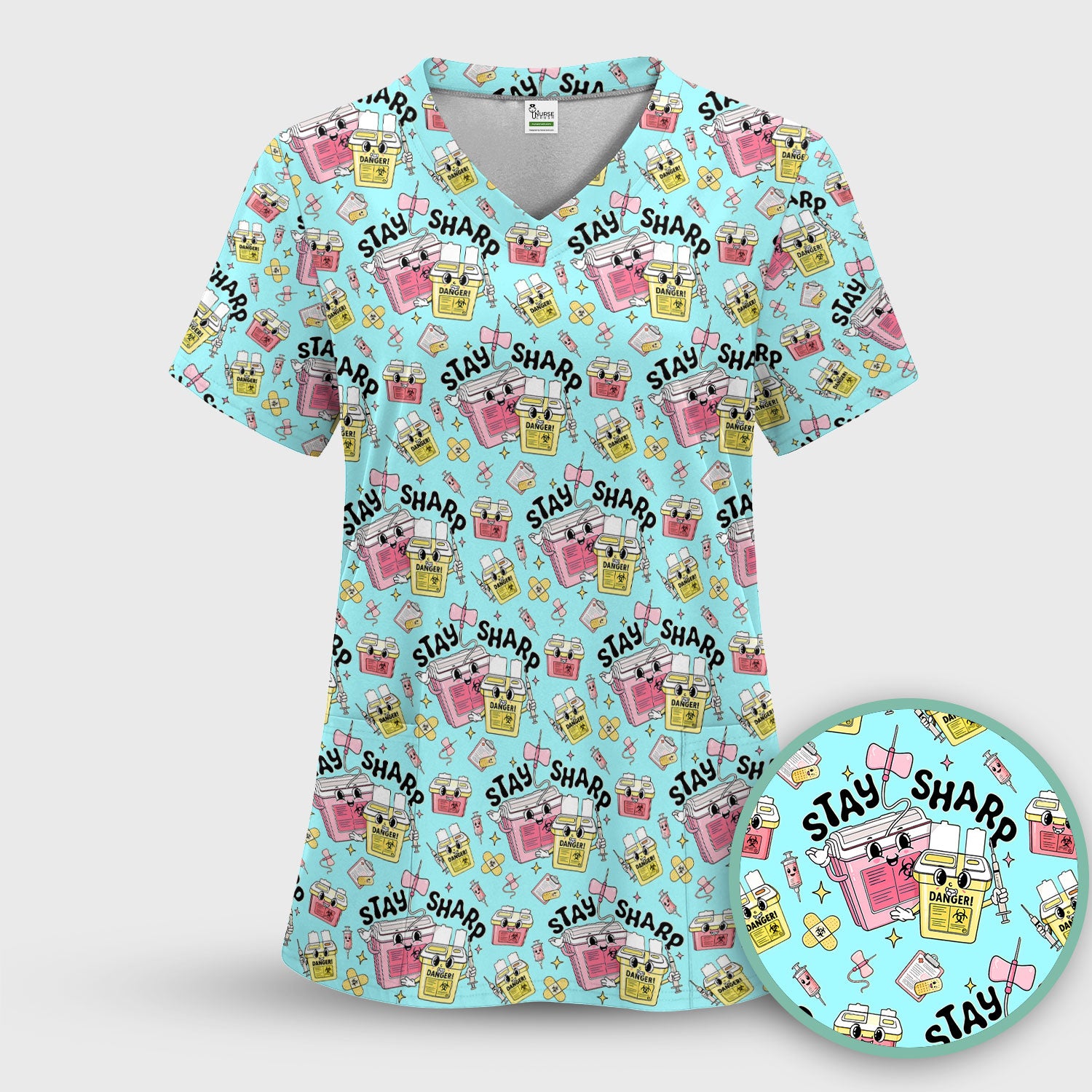 Stay Sharp Nurse Scrub Set, Cute Medical Pattern Scrubs, Breathable Fabrics Nursing Uniform