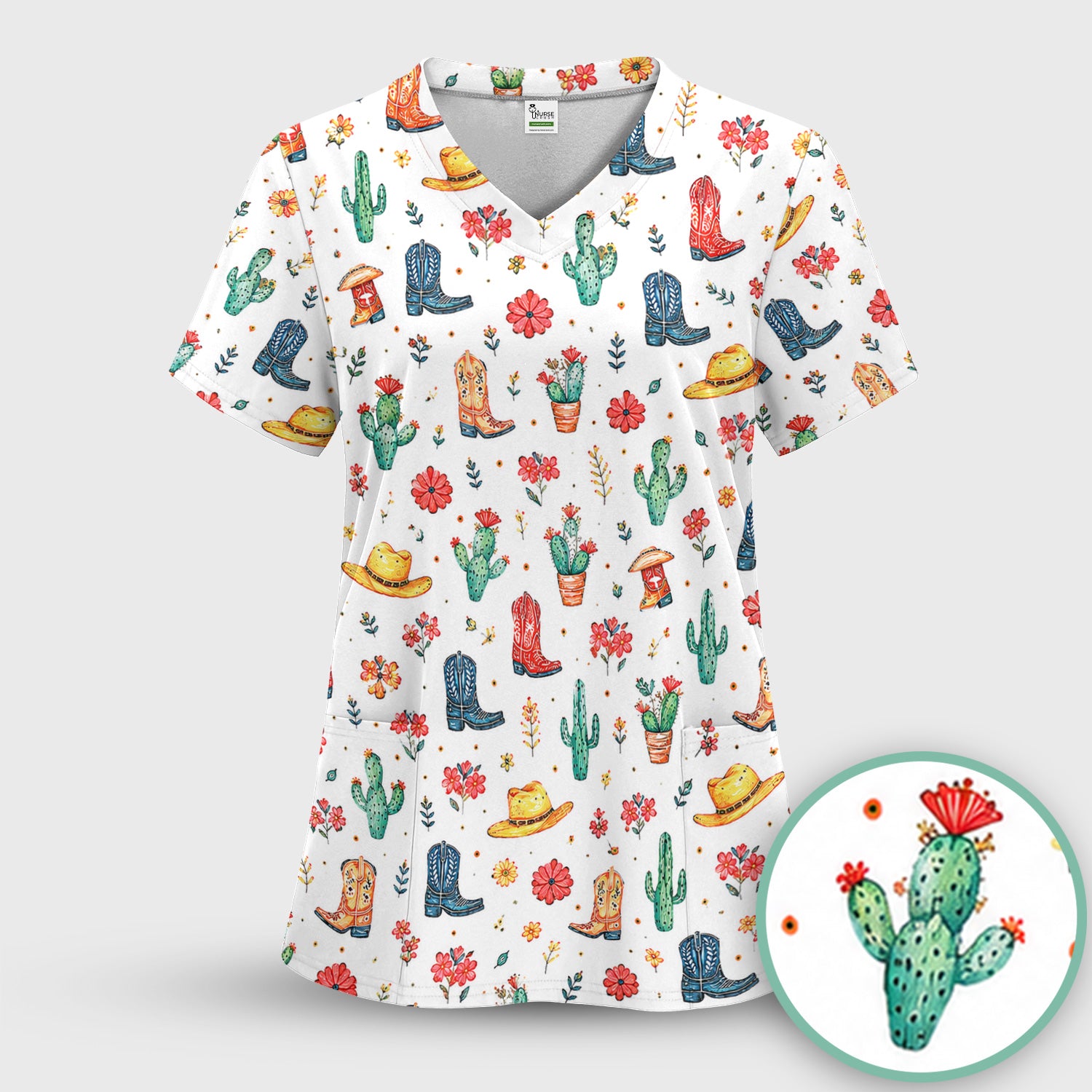 Whimsical Western Cactus Boots Pattern Scrub Top, Breathable Fabrics Nursing Uniform