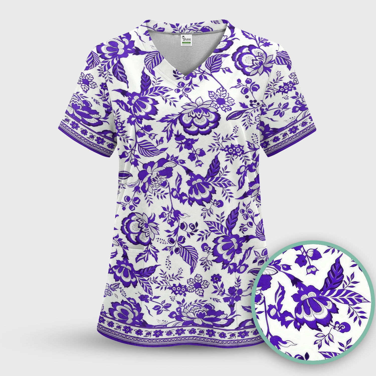 Toile De Jouy Scrub Set For Women, Floral Pattern Nurse Shirt, Comfortable Scrubs For Nursing