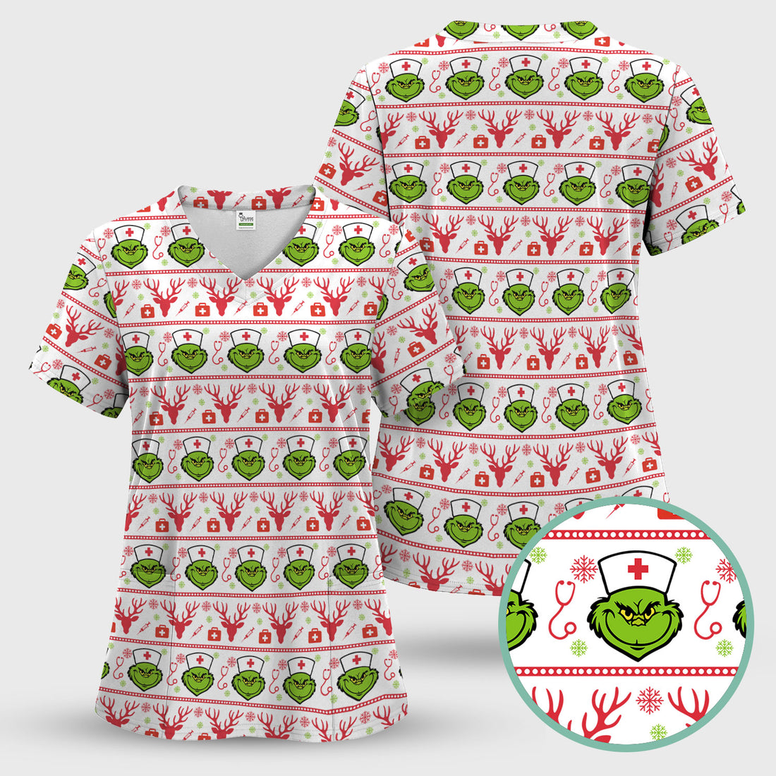 Funny Grinch Nurse Scrubs Top - Ugly Christmas Sweater Style Scrub Shirt - Holiday Nursing Workwear for Women