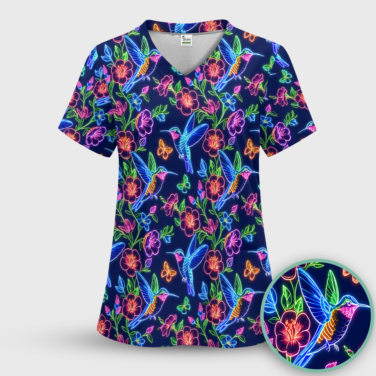 Neon Hummingbird Floral Garden Pattern Scrub Set, Scrub Pants and V Neck Top