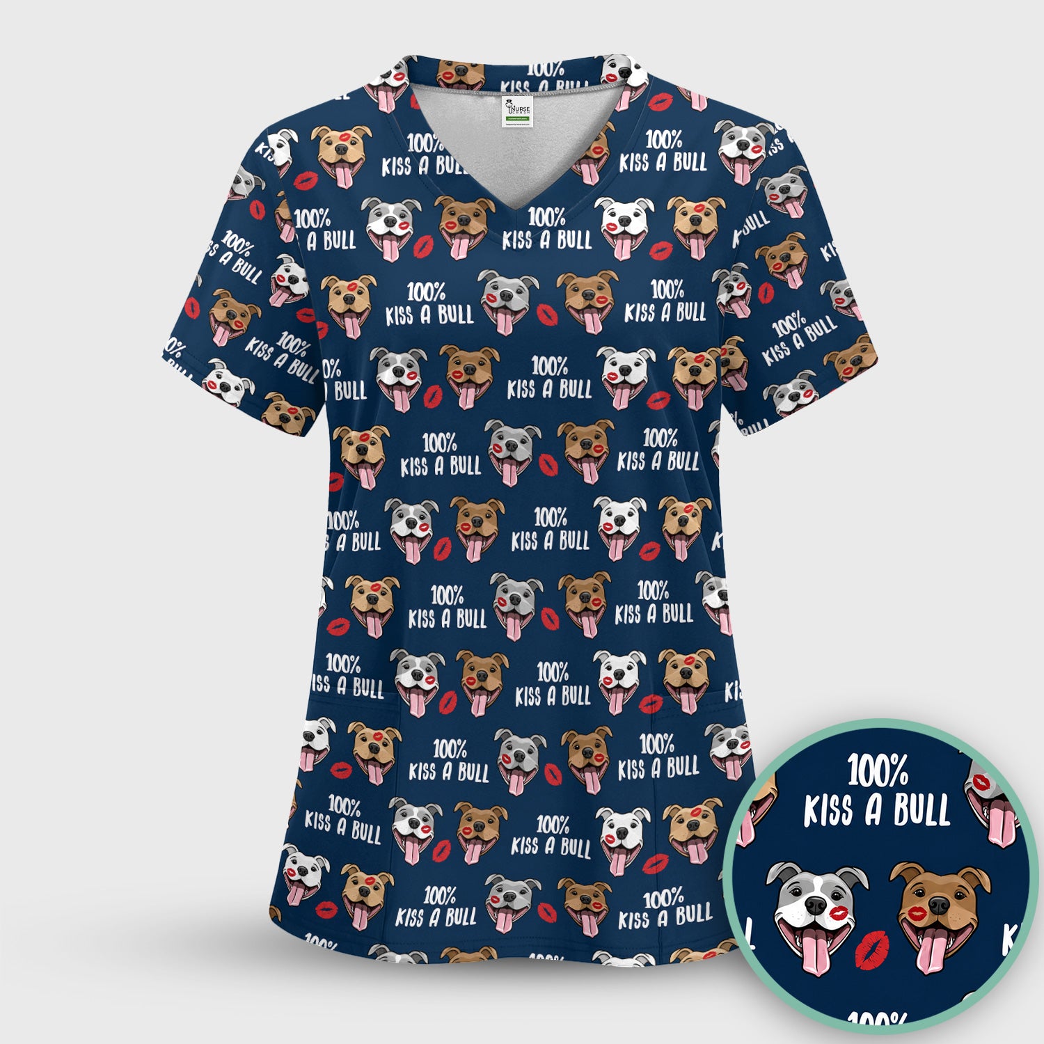 Kiss A Bull Pitbull Print Scrub Top, Comfortable Scrubs for Nurses
