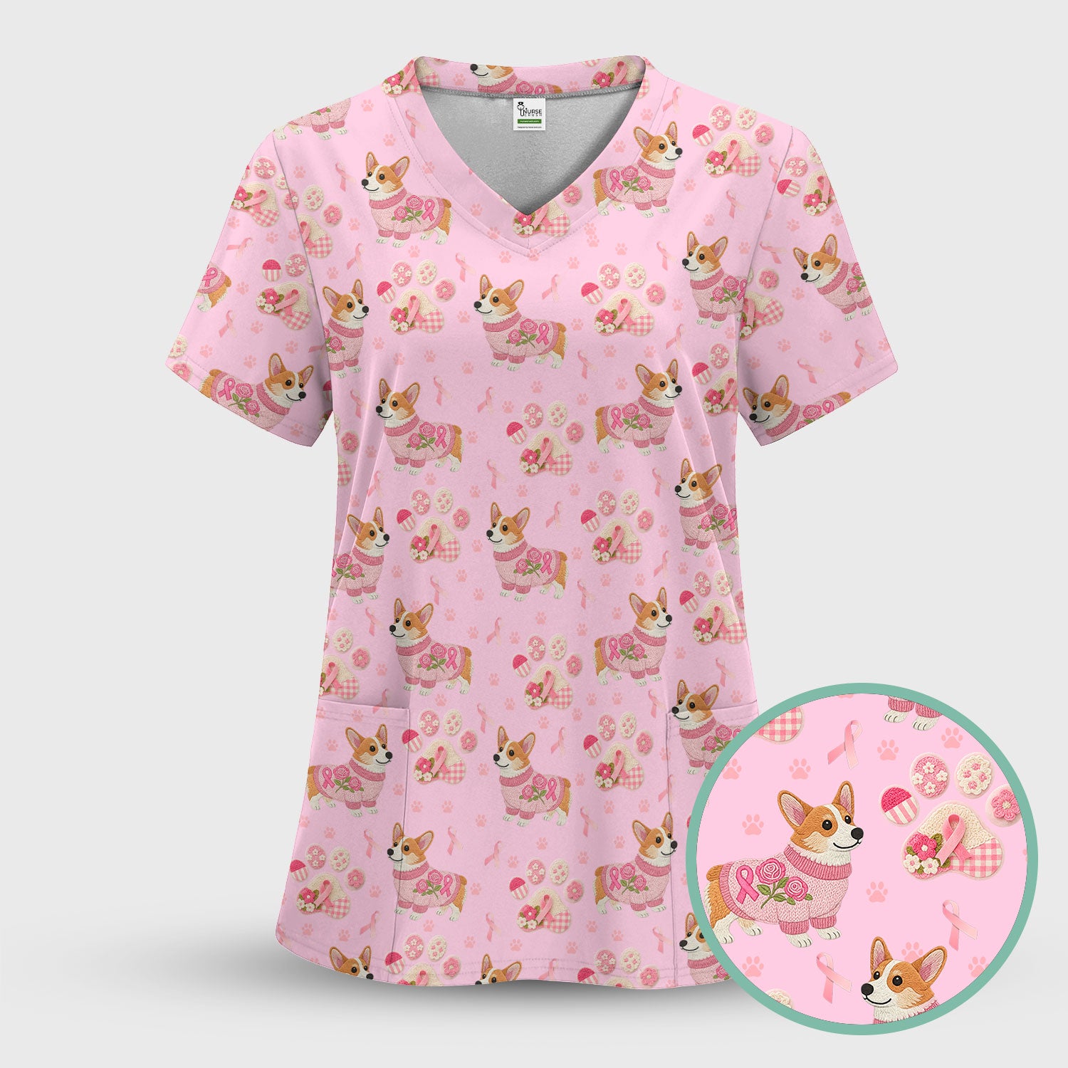 Corgi Pink Ribbon Scrub for Women - Breast Cancer Awareness Shirt - Floral Dog Paw Print Nursing Uniform - Support Gift