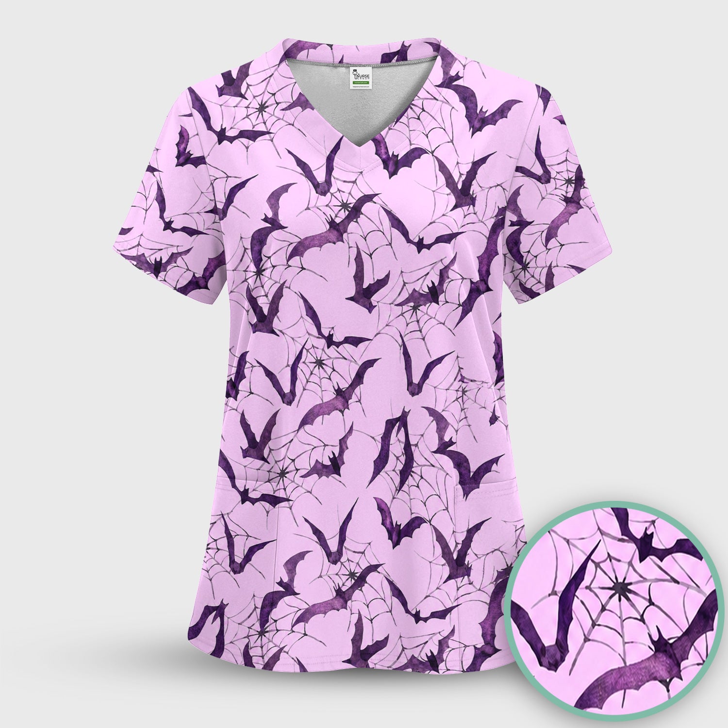 Halloween Bat with Spider Web Scrub Top, Comfortable Scrubs for Nurses