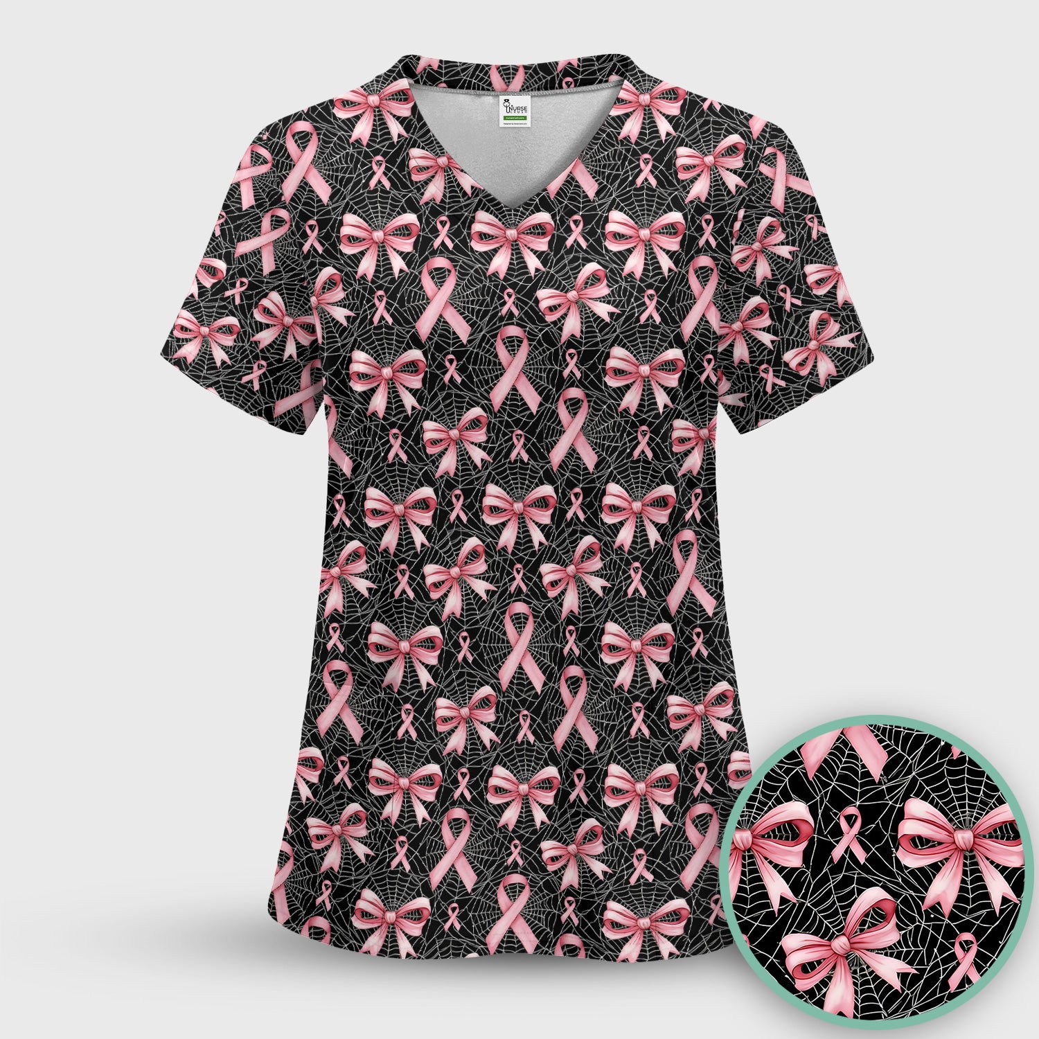 Pink Ribbon Pattern Scrub Set, Scrub Pants and V Neck Top