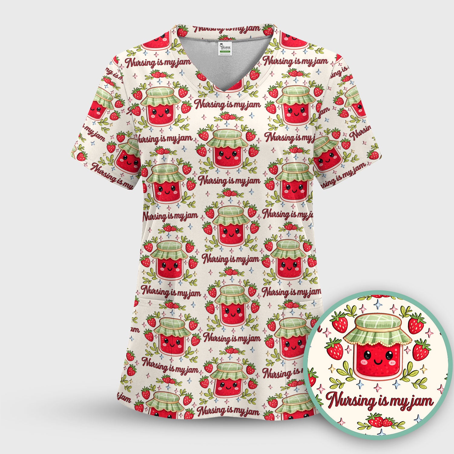 Cute Strawberry Jam Nurse Pattern Scrub Set, Breathable Med Uniform