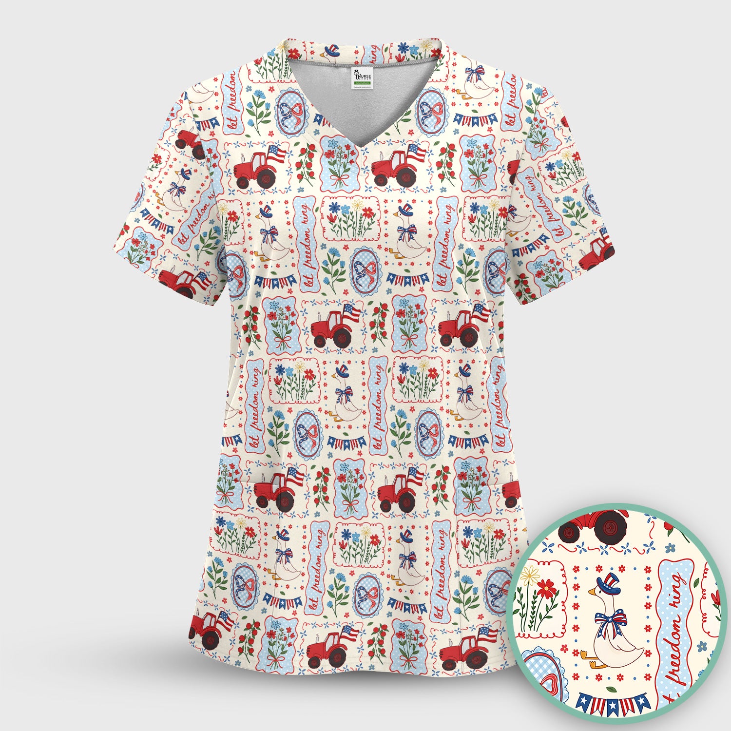 Patriotic Farm Goose Nurse Scrub Top for RN, CNA, Healthcare Workers, Americana Uniform Scrub Set, Scrub Pants and V Neck Top