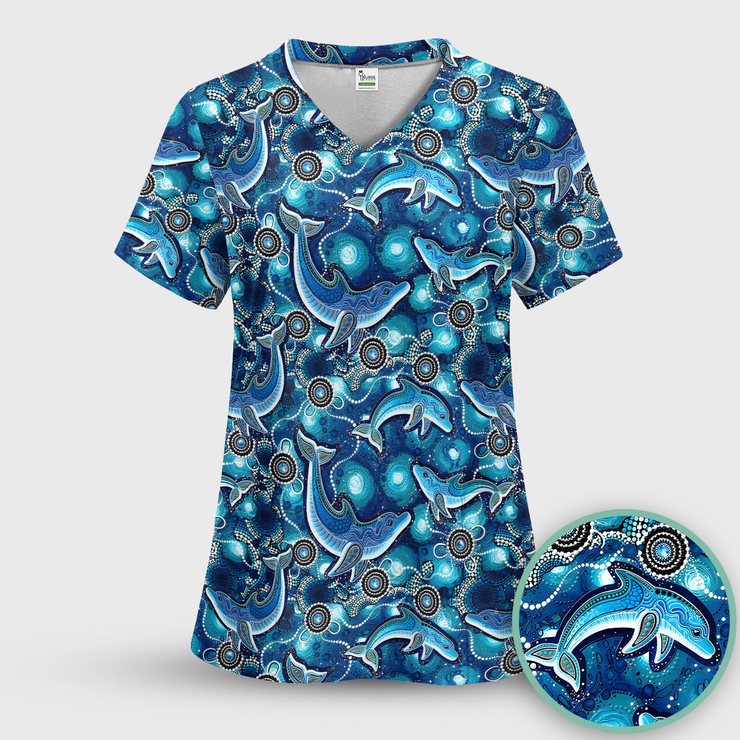 Ocean Dolphin Aboriginal Dot Print Scrub Set, Scrub Pants and V Neck Top