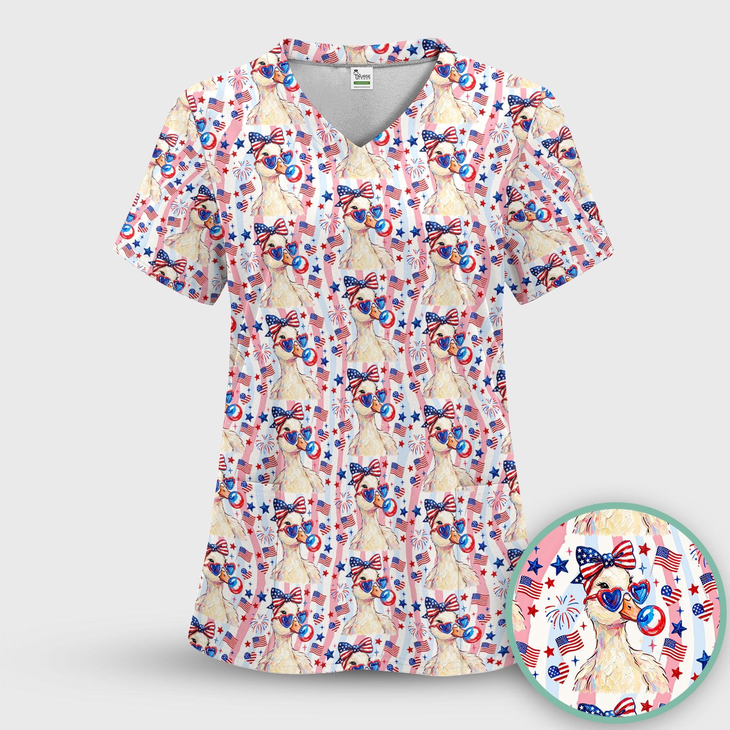 Cute Patriotic Goose Nurse Pattern Scrub Set, Scrub Pants and V Neck Top