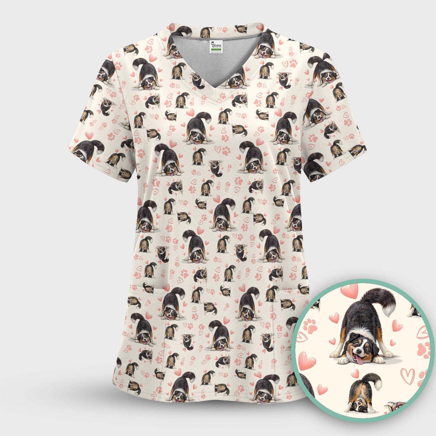 Playful Dog Heart Medical Print Scrub Top, Breathable Fabrics Nursing Uniform