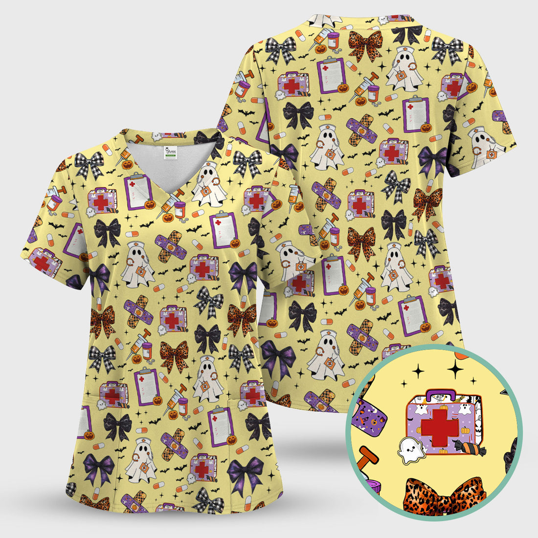 Halloween Nurse Scrub Top - Cute Ghost & Bow Medical Scrubs - Yellow Nursing Shirt with Colorful Halloween Print