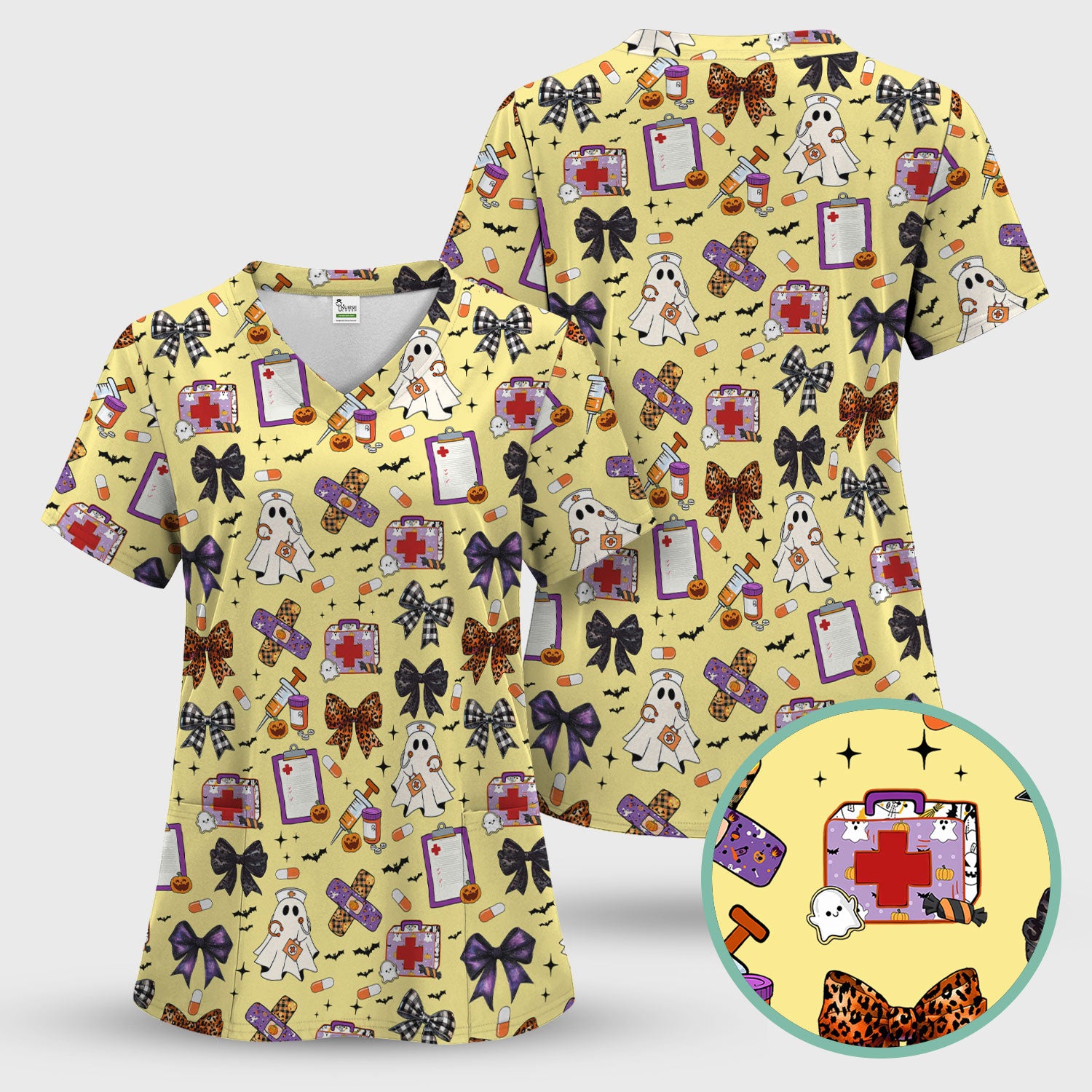 Halloween Nurse Scrub Top - Cute Ghost & Bow Medical Scrubs - Yellow Nursing Shirt with Colorful Halloween Print