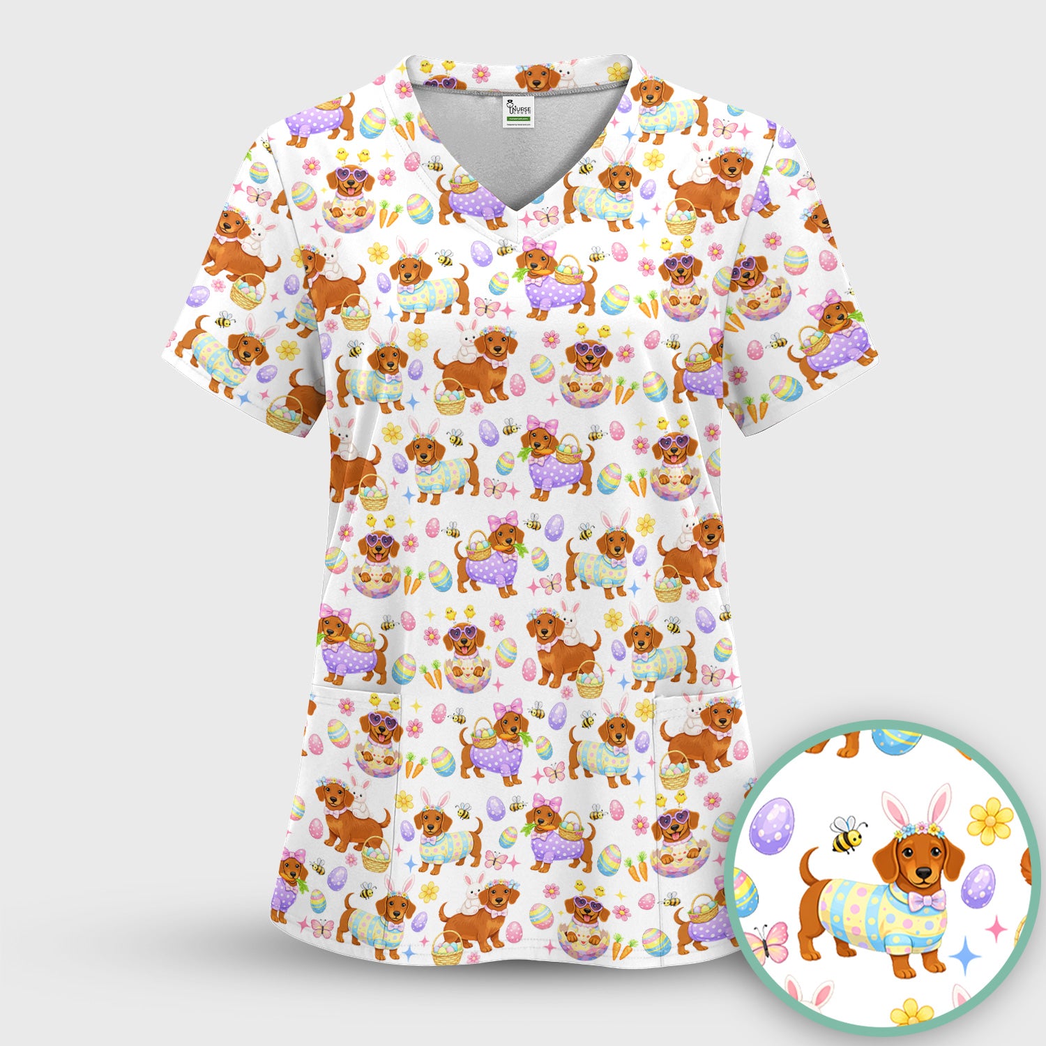 Cute Easter Dachshund Dog Pattern Scrub Top, Breathable Healthcare Uniform Top