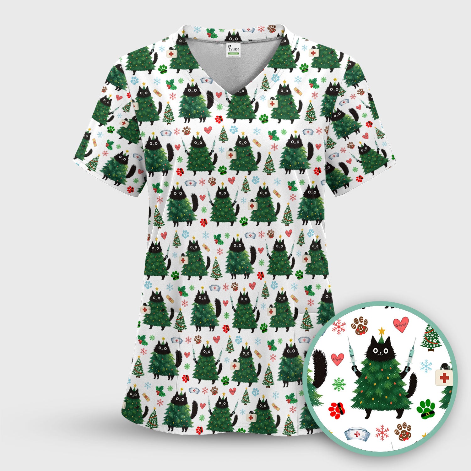 Christmas Nurse Scrub Top, Xmas Black Cat Pattern Nurse Shirt,  Breathable Fabrics Nursing Uniform