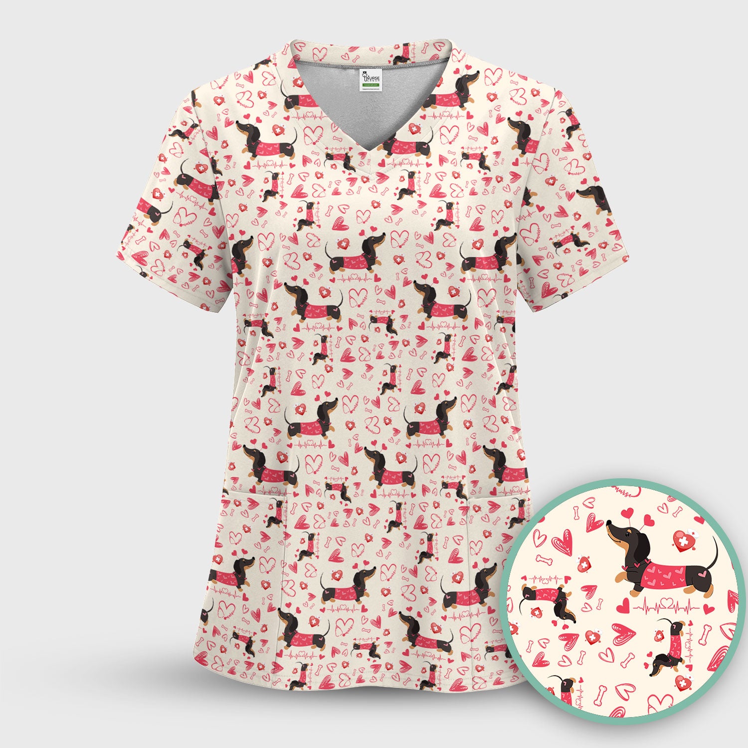 Dachshund Valentine Scrub Set, Cute Wiener Dog Heart Pattern Nurse Shirt, Breathable Fabrics Nursing Uniform