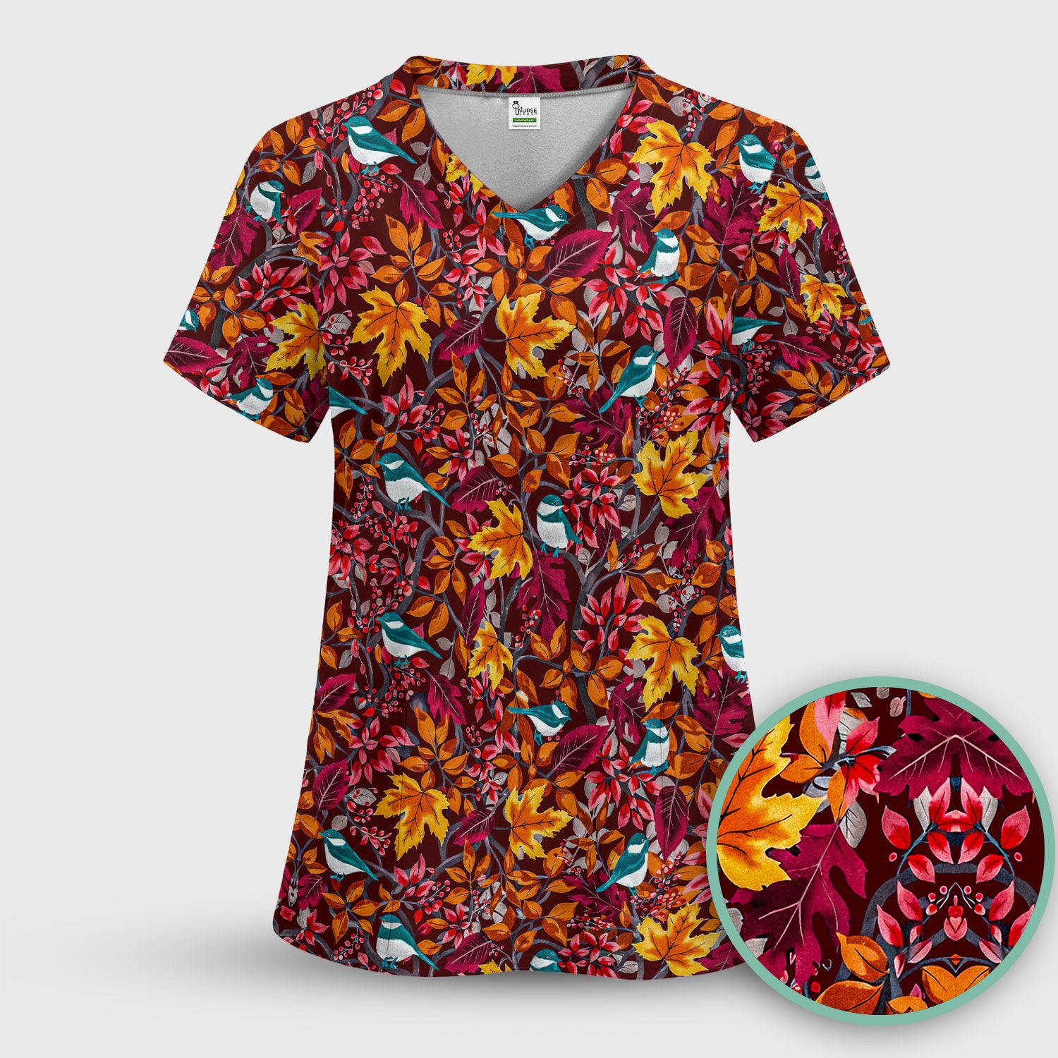 Autumn Leaves Blue Bird Pattern Print Scrub Top, Breathable Fabrics Nursing Uniform