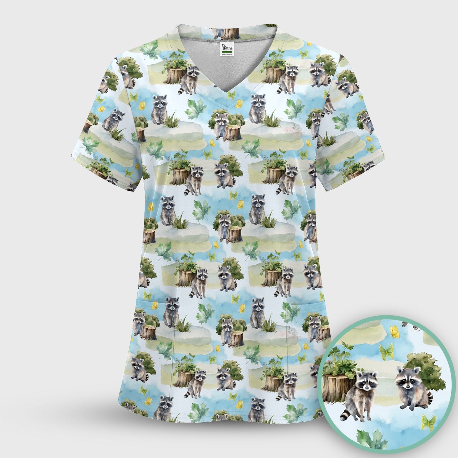 Cute Raccoon Woodland Print Scrub Set, Scrub Pants and V Neck Top