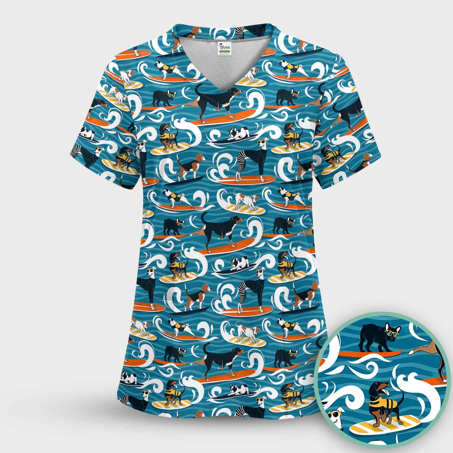 Surfing Dogs Ocean Wave Print Scrub Top, Comfortable Scrubs for Nurses