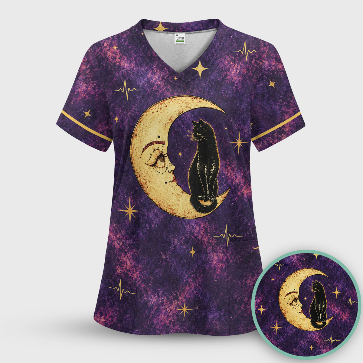 Celestial Nurse Black Cat Crescent Moon Scrub Top, Comfortable Scrubs for Nurses