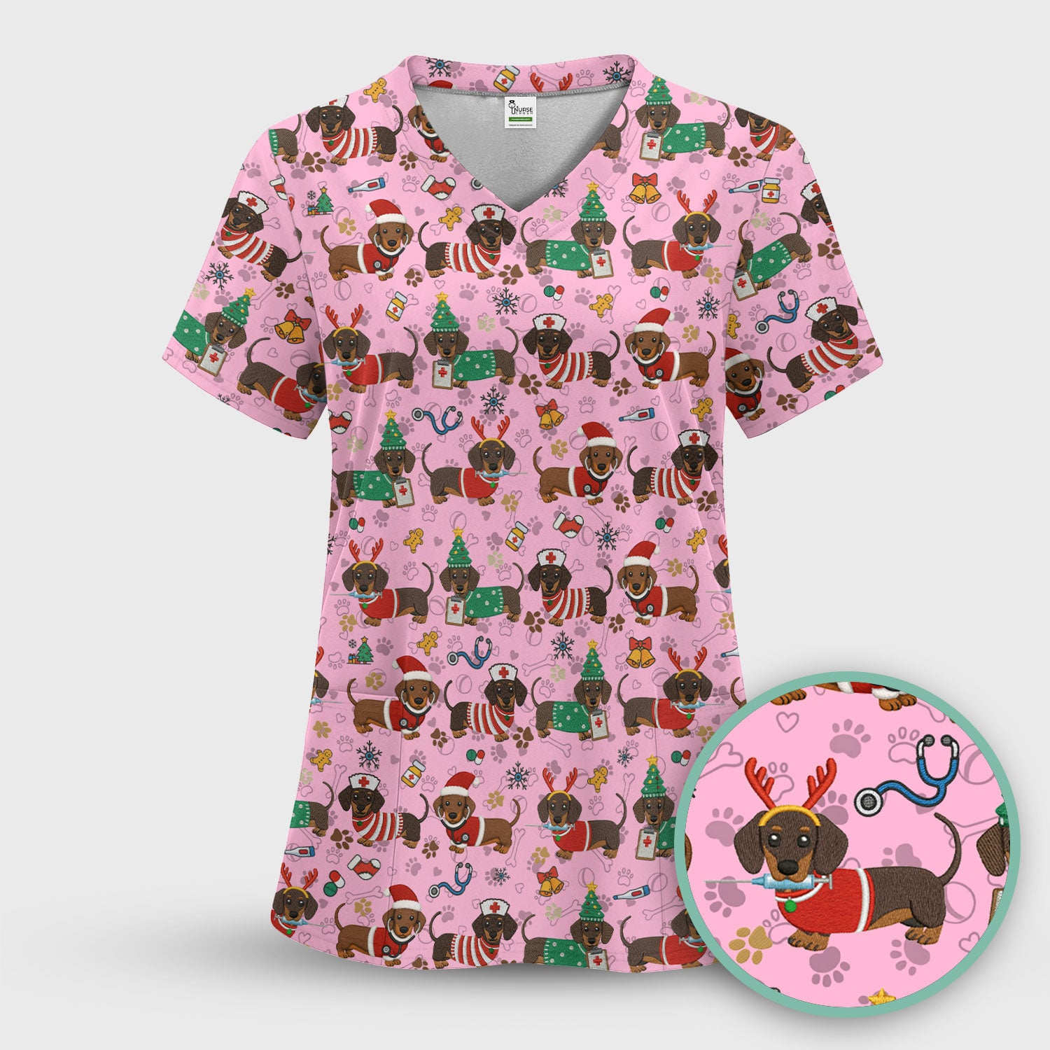 Christmas Dachshund Scrub Top for Nurses - Cute Wiener Dog Pattern Medical Shirt - Festive Holiday Scrubs Gift for Women RN CNA LPN