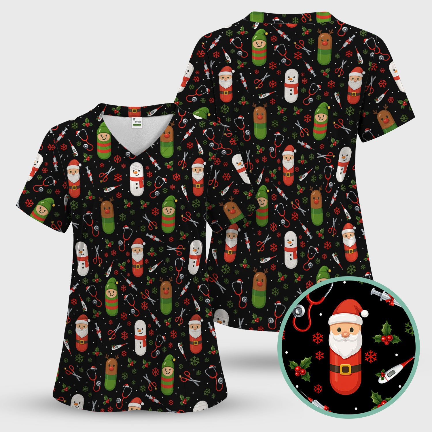 Santa Christmas Scrubs Set - Cute Holiday Pattern with Reindeer and Snowman - Fun Medical Scrub Top and Pants for Women Nurses