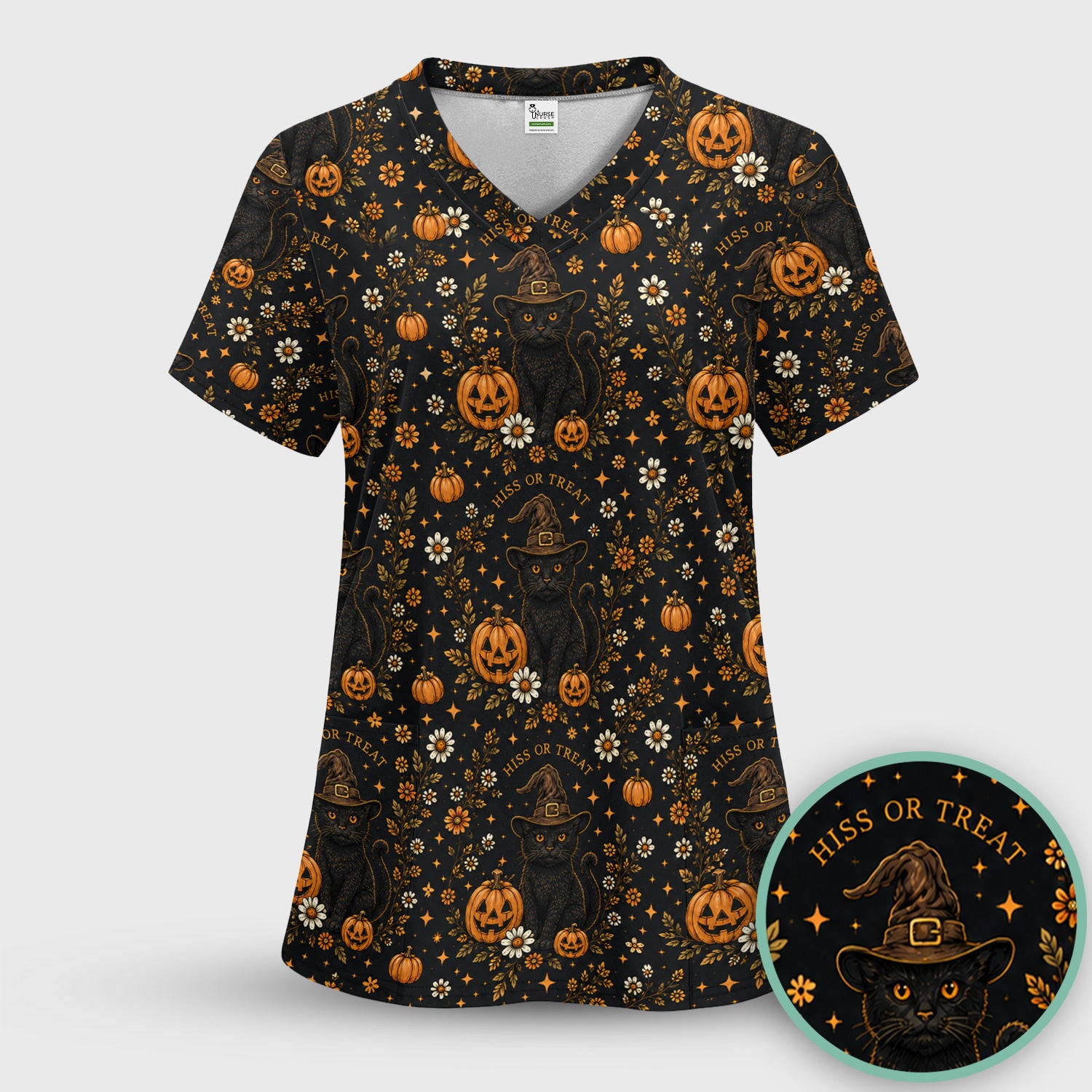 Halloween Black Cat Pumpkin Floral Scrub Top, Comfortable Scrubs for Nurses