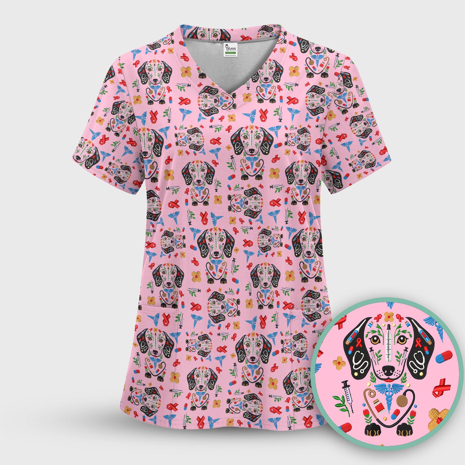 Dachshund Medical Icon Pattern Scrub Top, Comfortable Scrubs for Nurses