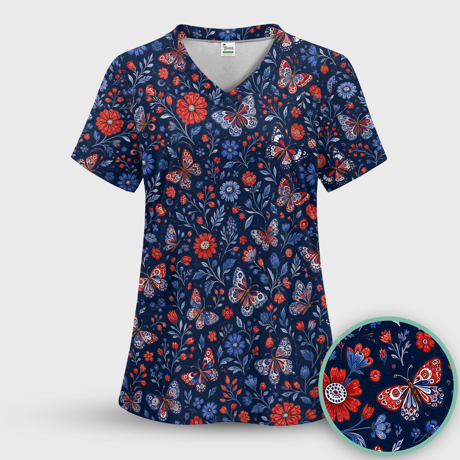 Patriotic Floral Butterfly Pattern Scrub Top, Comfortable Scrubs for Nurses