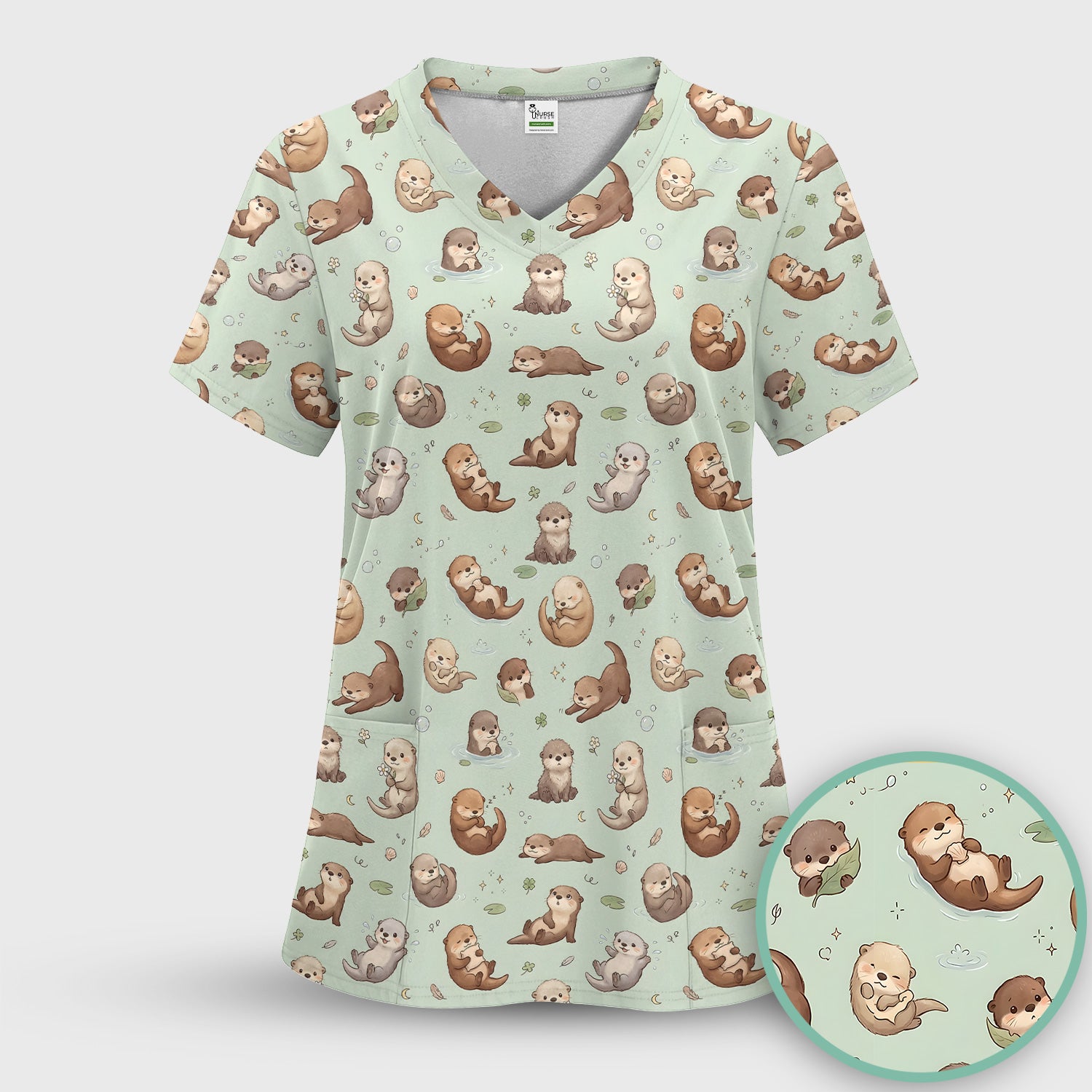 Cute Otter Pattern Scrub Top, Comfortable Scrubs for Nurses