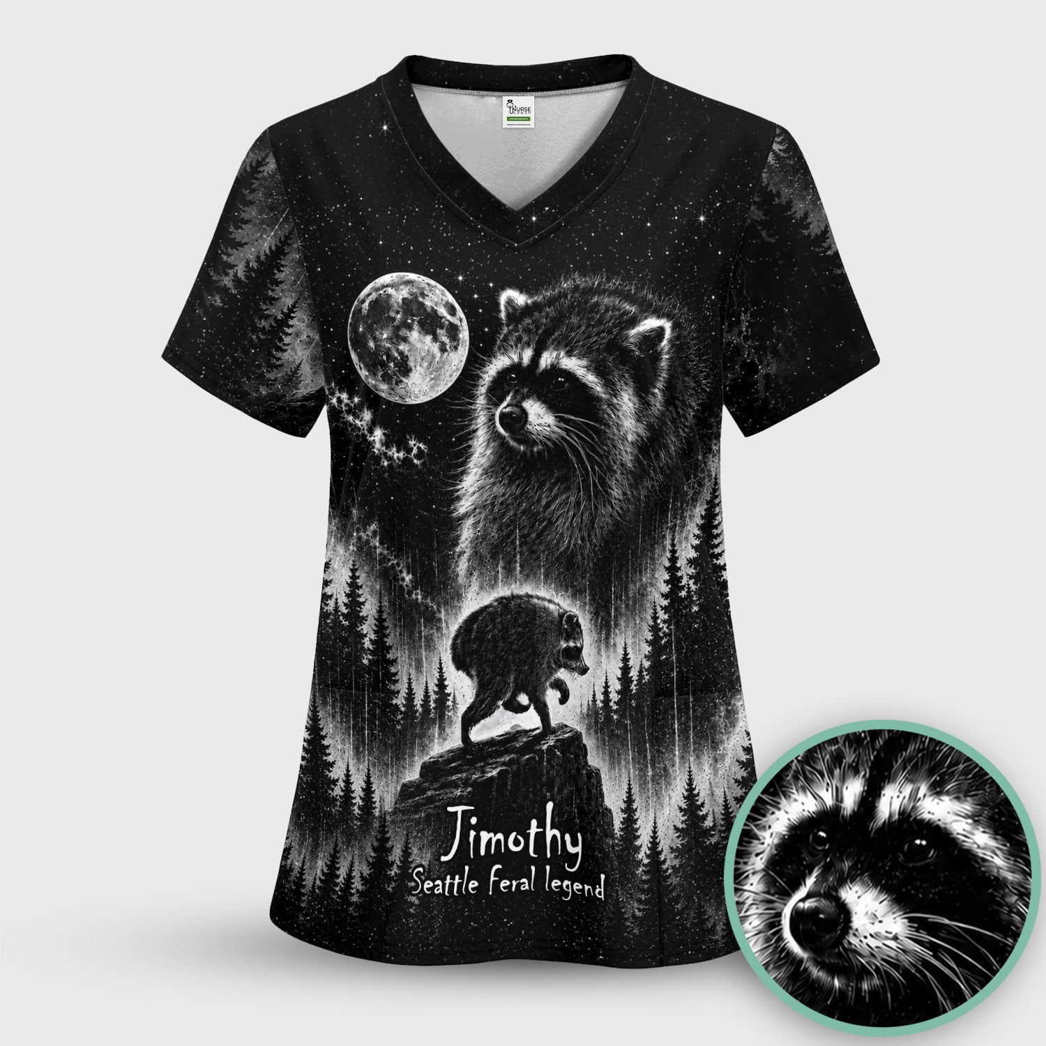 Moonlit Raccoon Forest Print Scrub Set, Scrub Pants and V Neck Top