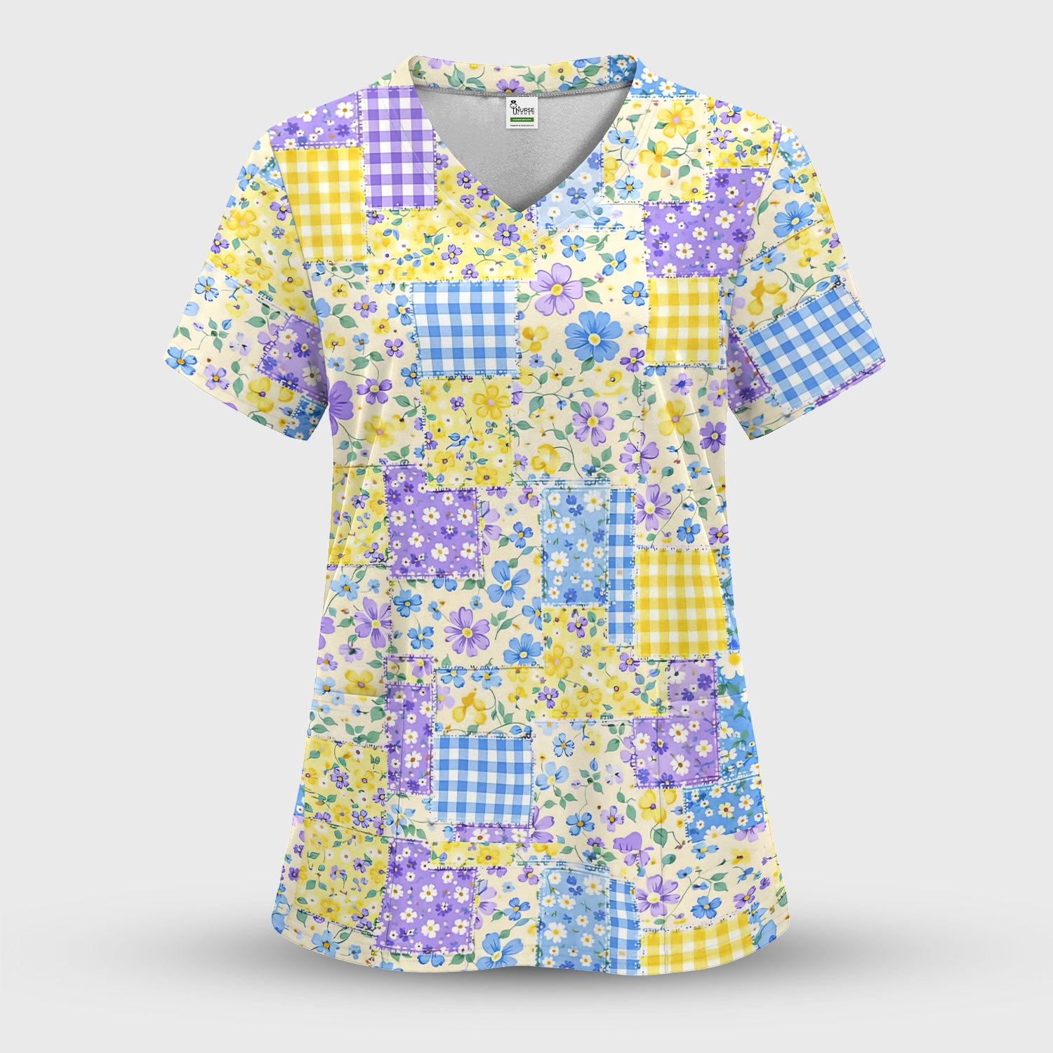 Cute Floral Patchwork Gingham Pattern Scrub Set, Women's Scrub Sets
