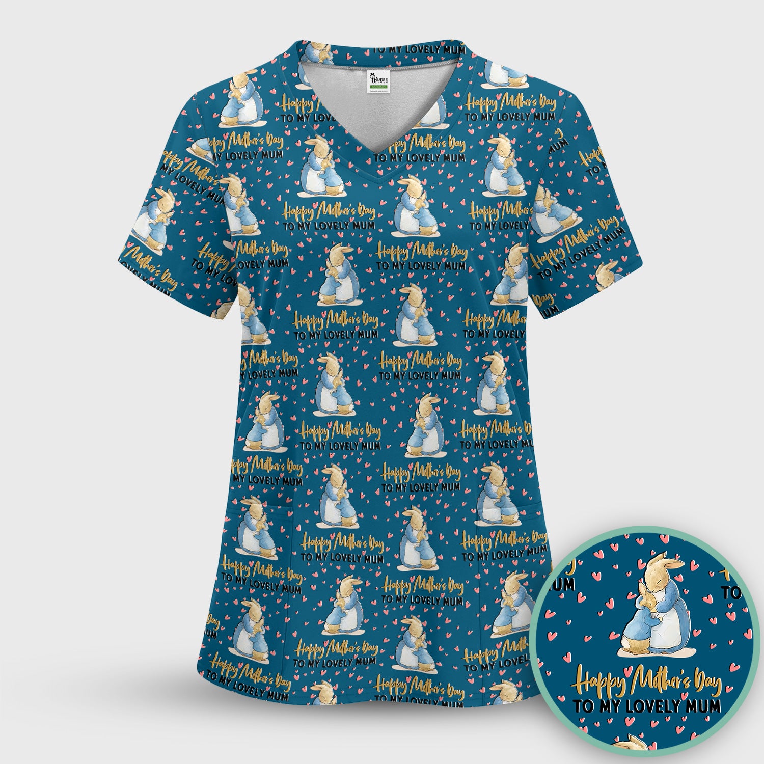 Happy Mothers Day Bunny Love Pattern Scrub Sets, Scrub Pants and V Neck Top