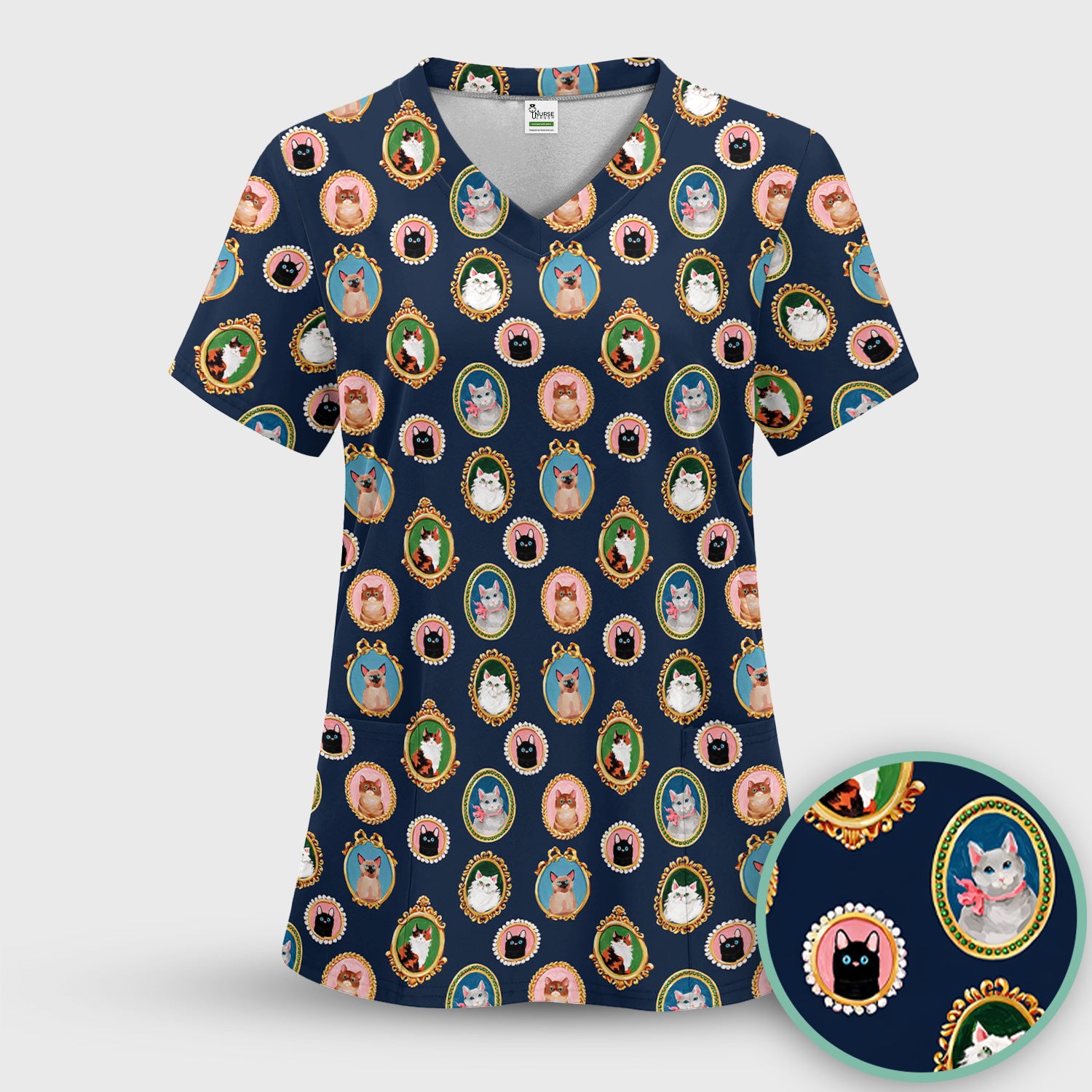 Vintage Cat Portrait Pattern Scrub Top, Breathable Medical Uniform Top