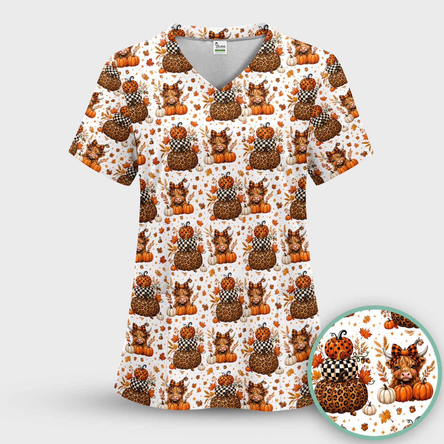 Fall Highland Cow Pattern Scrub Set, Scrub Pants and V Neck Top