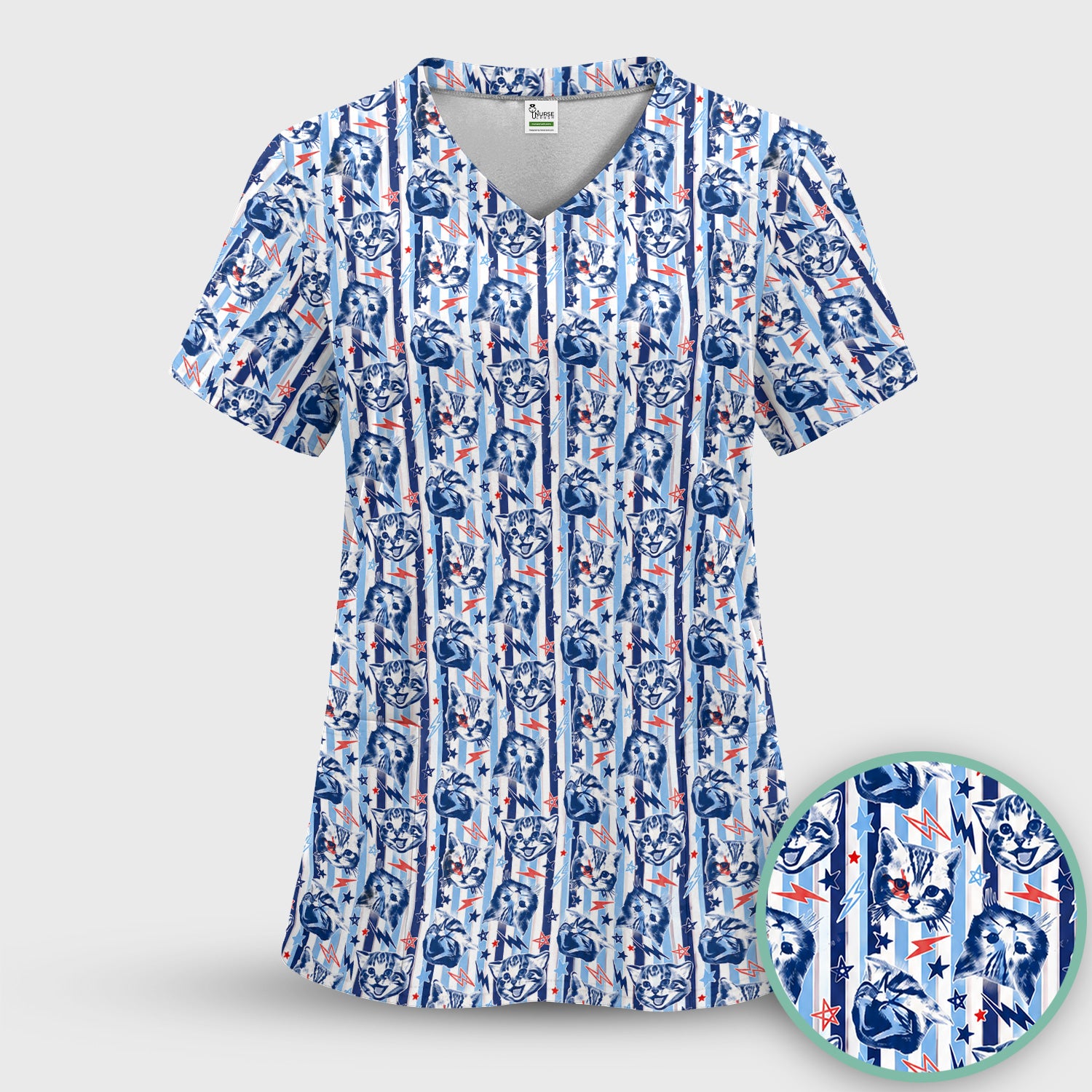Cute Cat Faces With Lightning Print Scrub Top, Comfortable Scrubs for Nurses