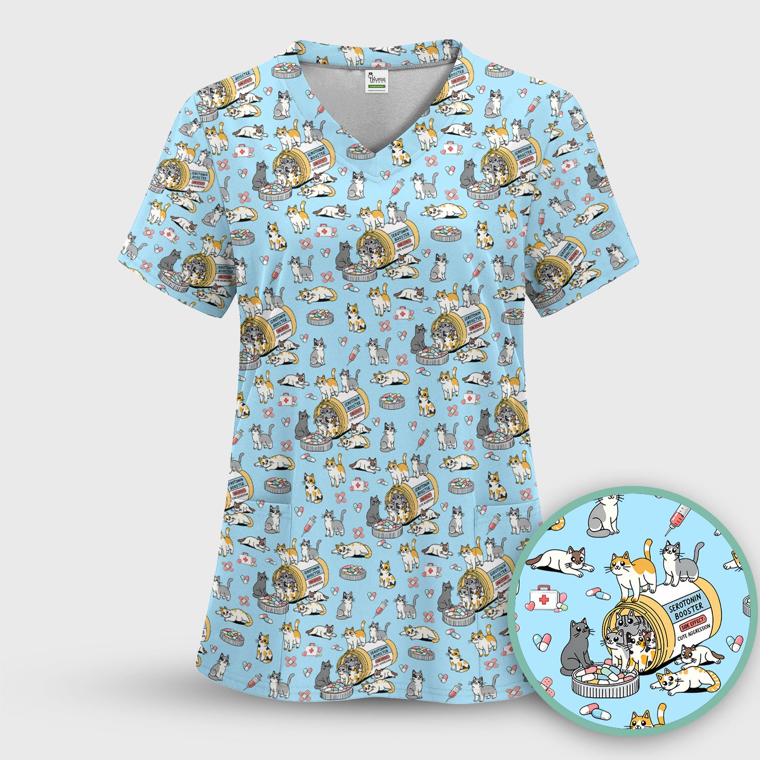 Cute Cat Serotonin Booster Pattern Scrub Top, Comfortable Scrubs for Nurses