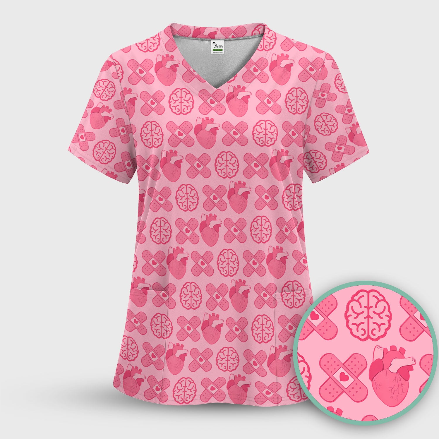 Heart & Brain Medical Icon Pattern Scrub Set, Scrub Pants and V Neck Top