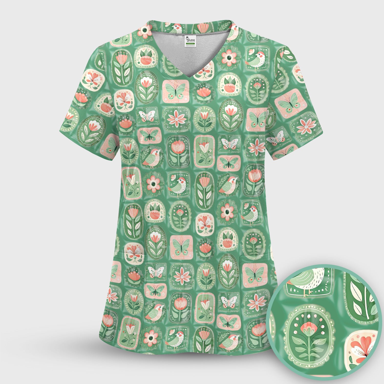 Folk Art Floral Bird Butterfly Garden Pattern Scrub Set, Scrub Pants and V Neck Top
