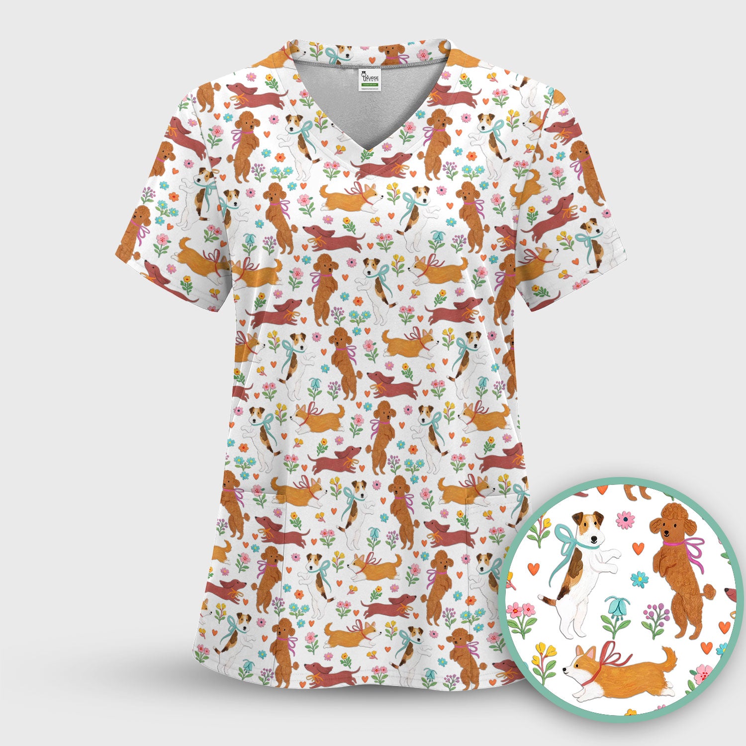 Cute Cartoon Dog Print Nurse Scrub Top, Comfortable Scrubs for Nurses