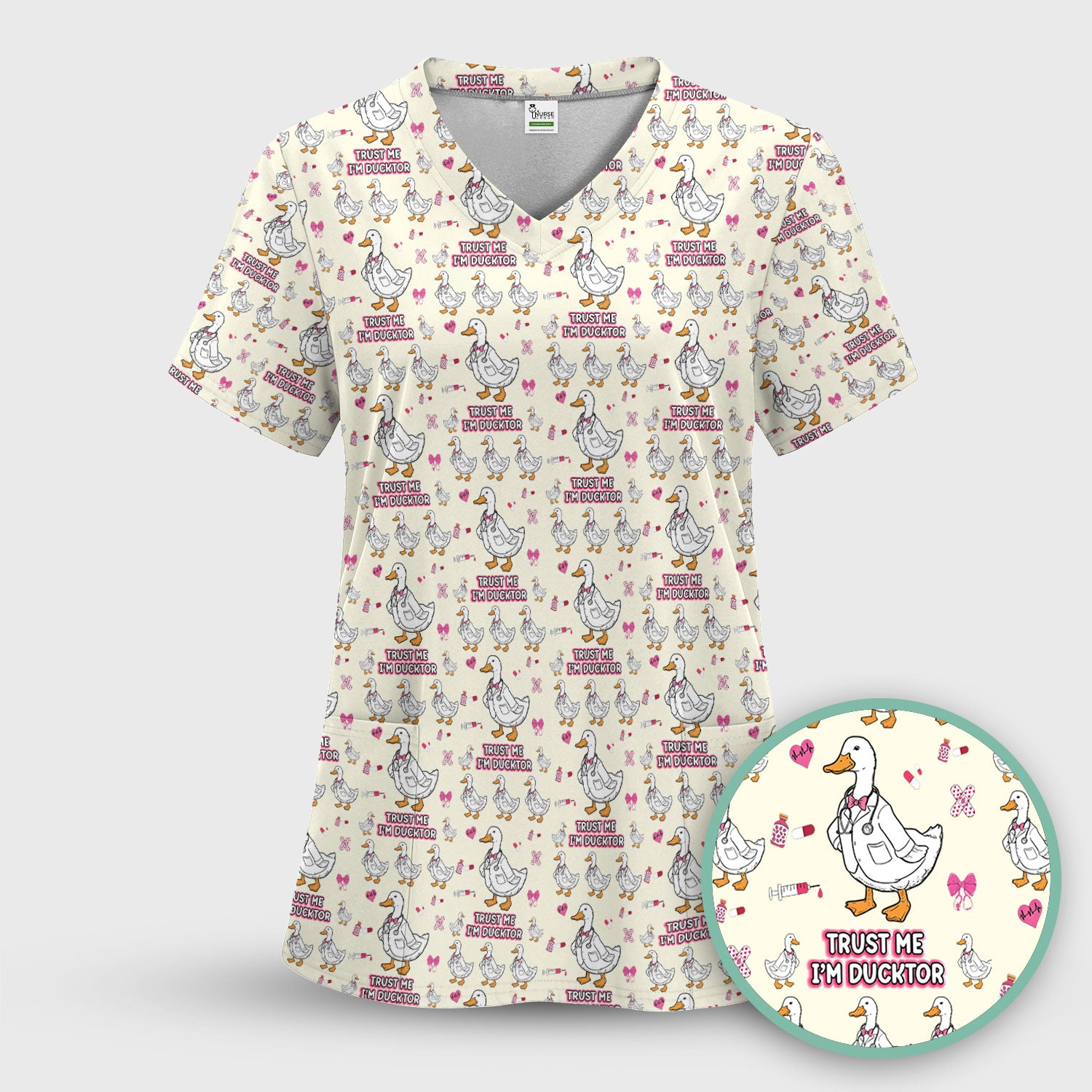 Trust Me I'm Ducktor Scrub Top, Funny Duck Pattern Scrub Shirt, Breathable Fabrics Nursing Uniform For Women