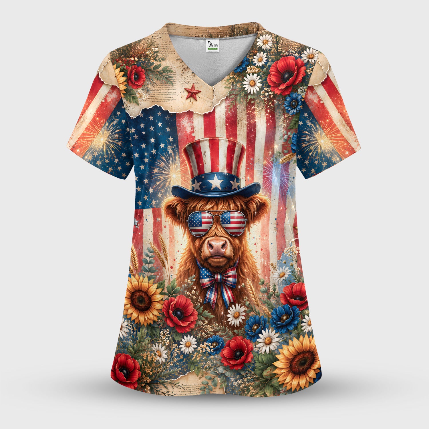 Patriotic Highland Cow Nurse for RN, CNA, Healthcare Workers Scrub Top, Comfortable Scrubs for Nurses