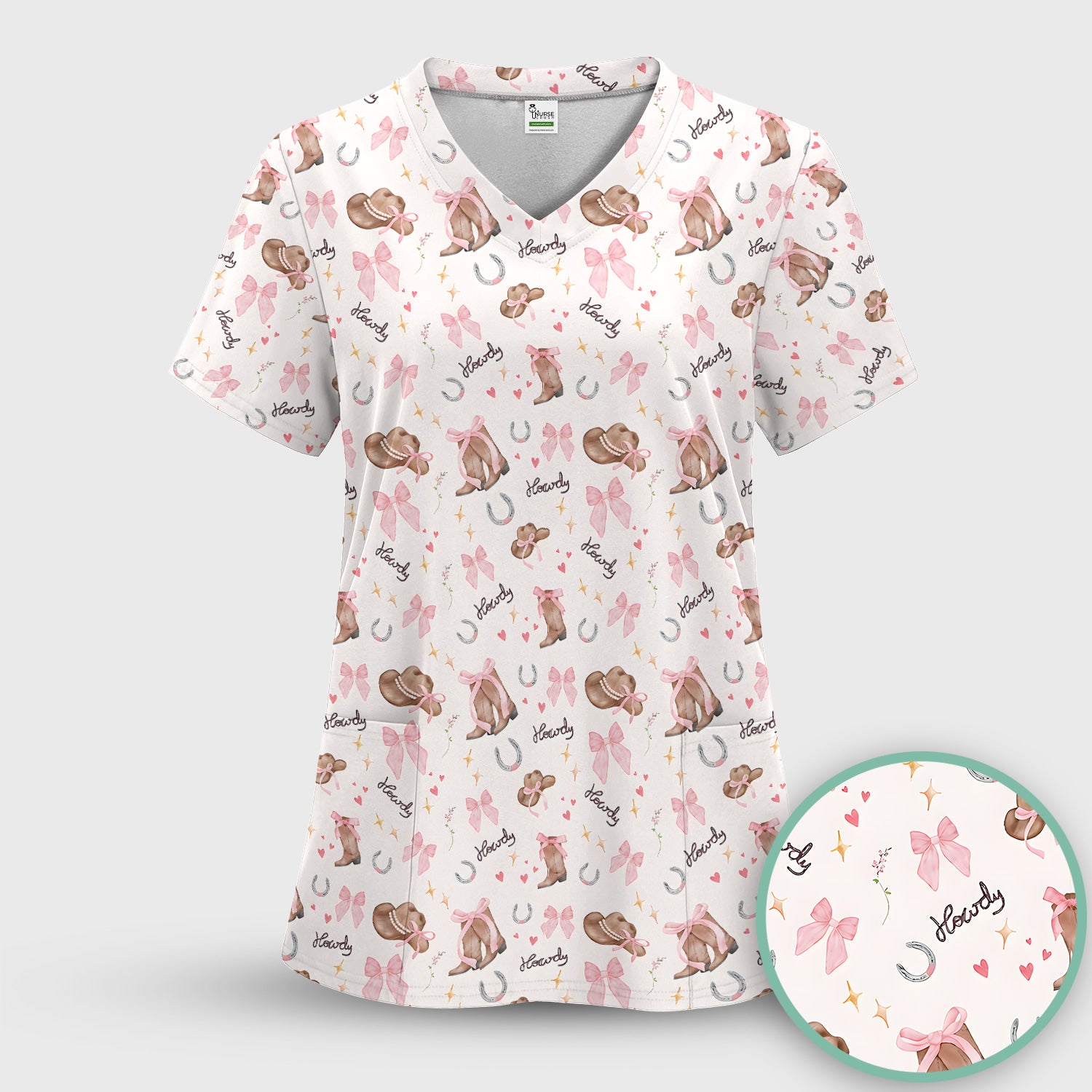 Cute Pink Cowgirl Boots Pattern Scrub Top, Comfortable Scrubs for Nurses