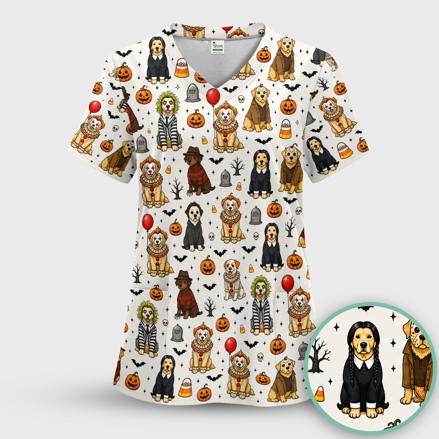 Funny Halloween Dog Pattern Scrub Top, Comfortable Scrubs for Nurses