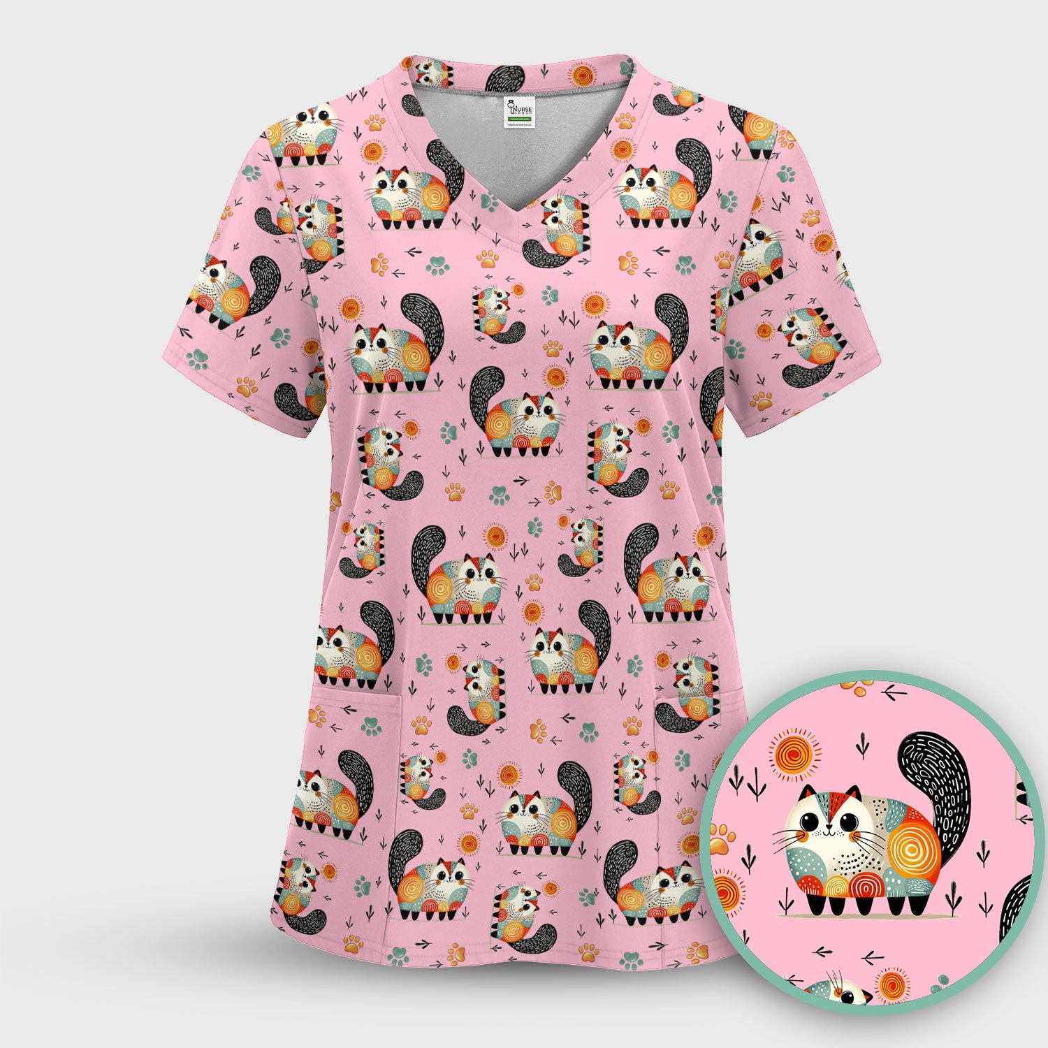 Playful Cat Illustration Nurse Scrub Top, Comfortable Scrubs for Nurses