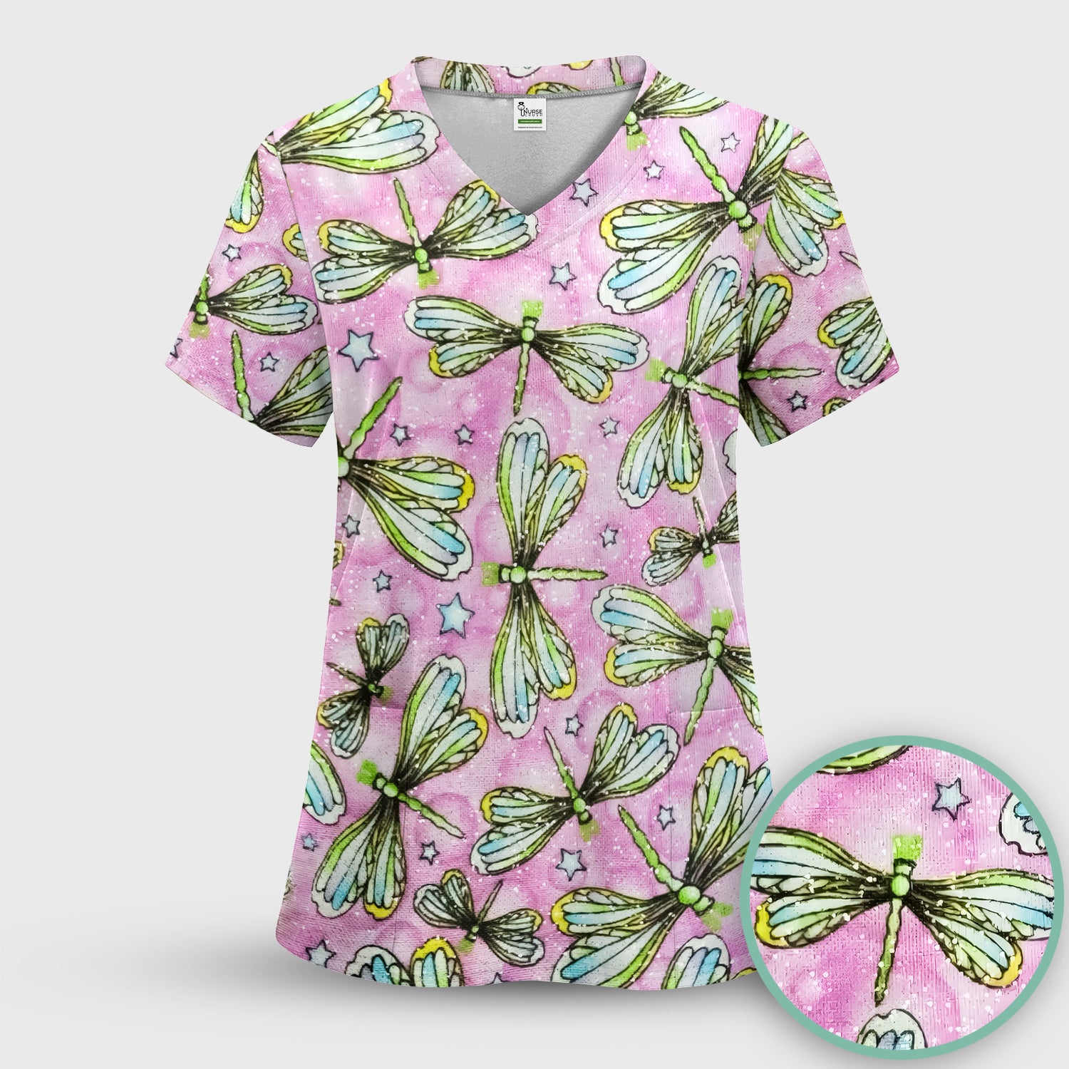 Dragonfly On Pink Starry Background Scrub Set, Scrub Pants and V Neck Top