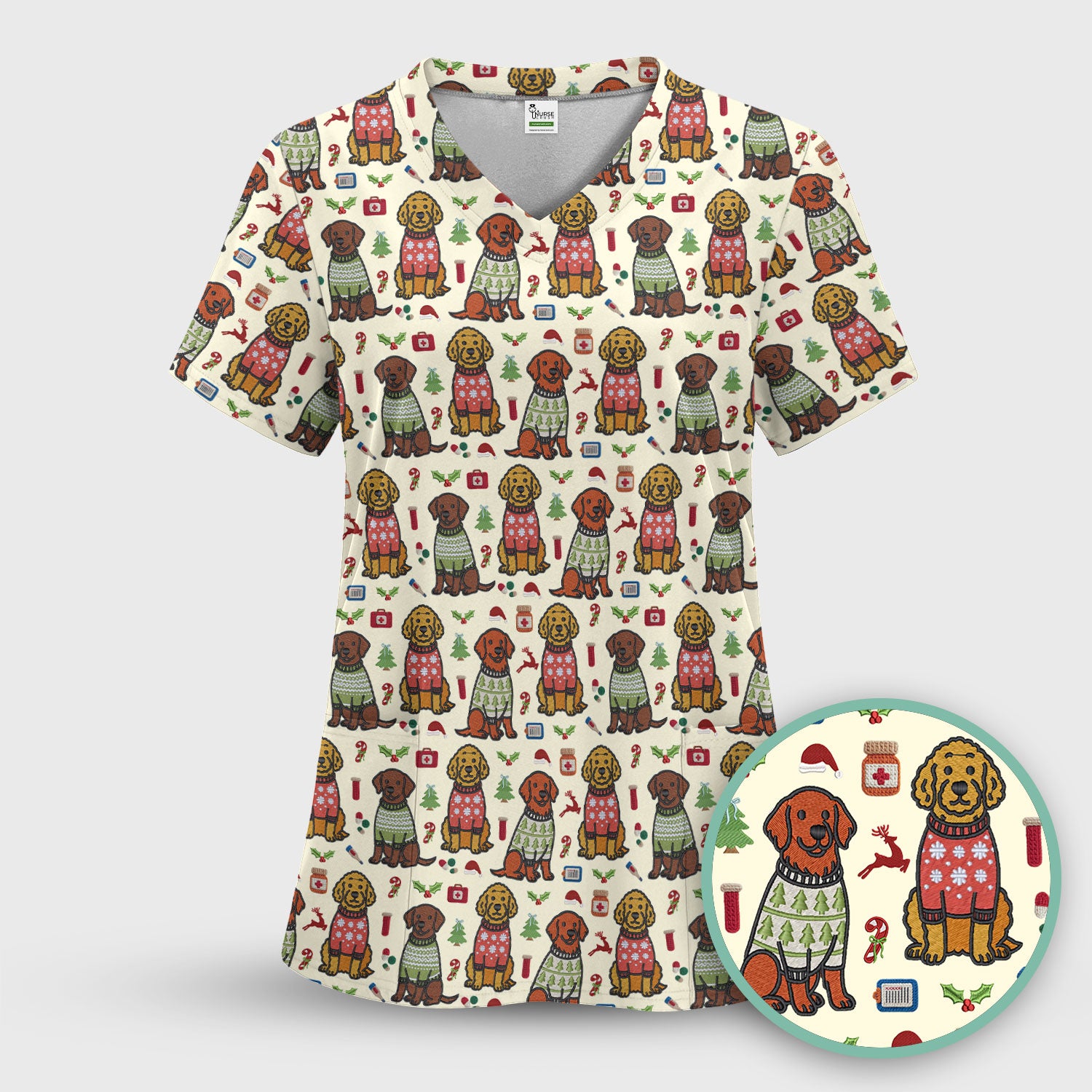 Golden Retriever Christmas Scrub Top, Cute Holiday Dog Nurse Pattern Shirt, Breathable Fabrics Nursing Uniform
