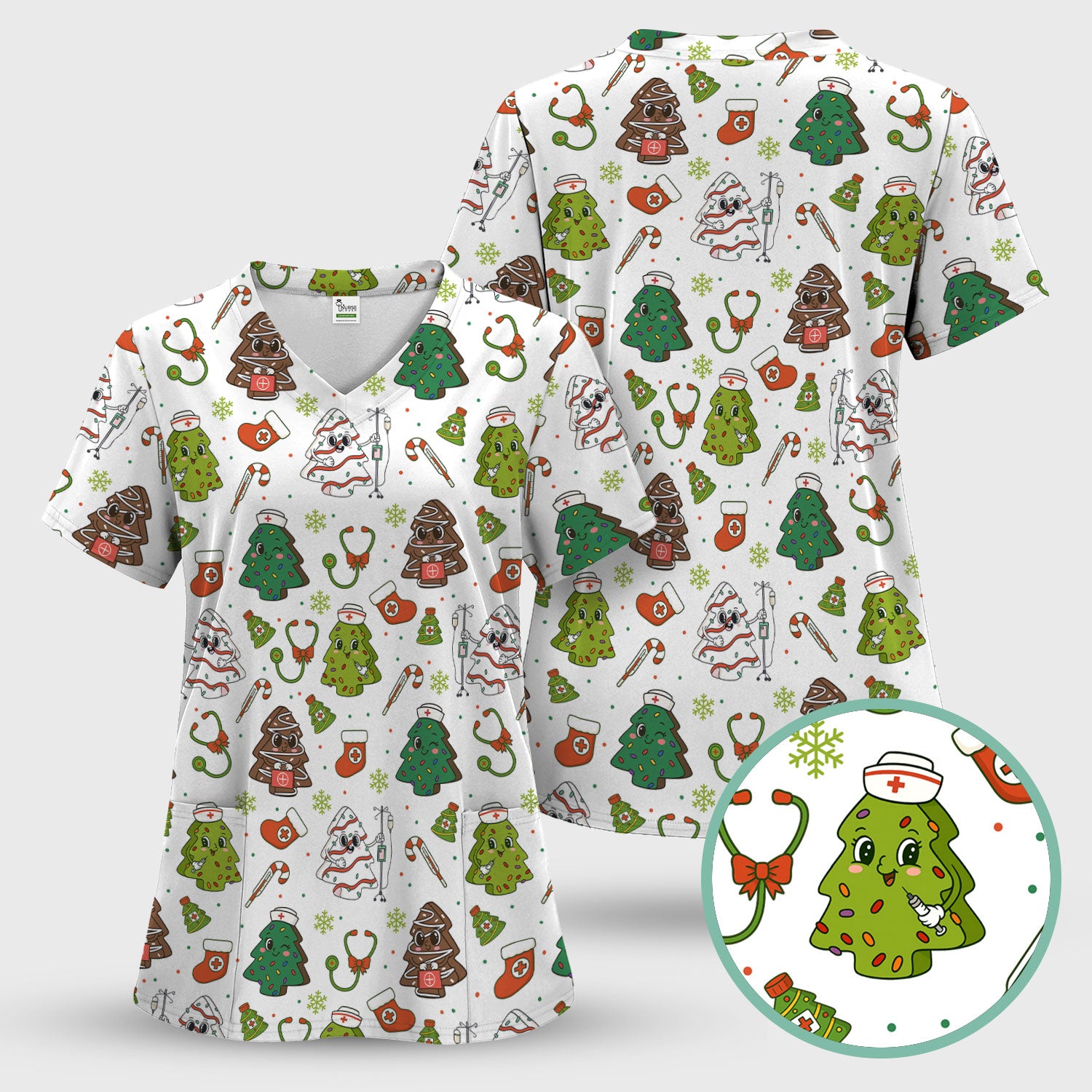 Funny Christmas Nurse Scrub Top - Adorable Tree Pattern Holiday Shirt - Cute Gift for Women RN LPN CNA