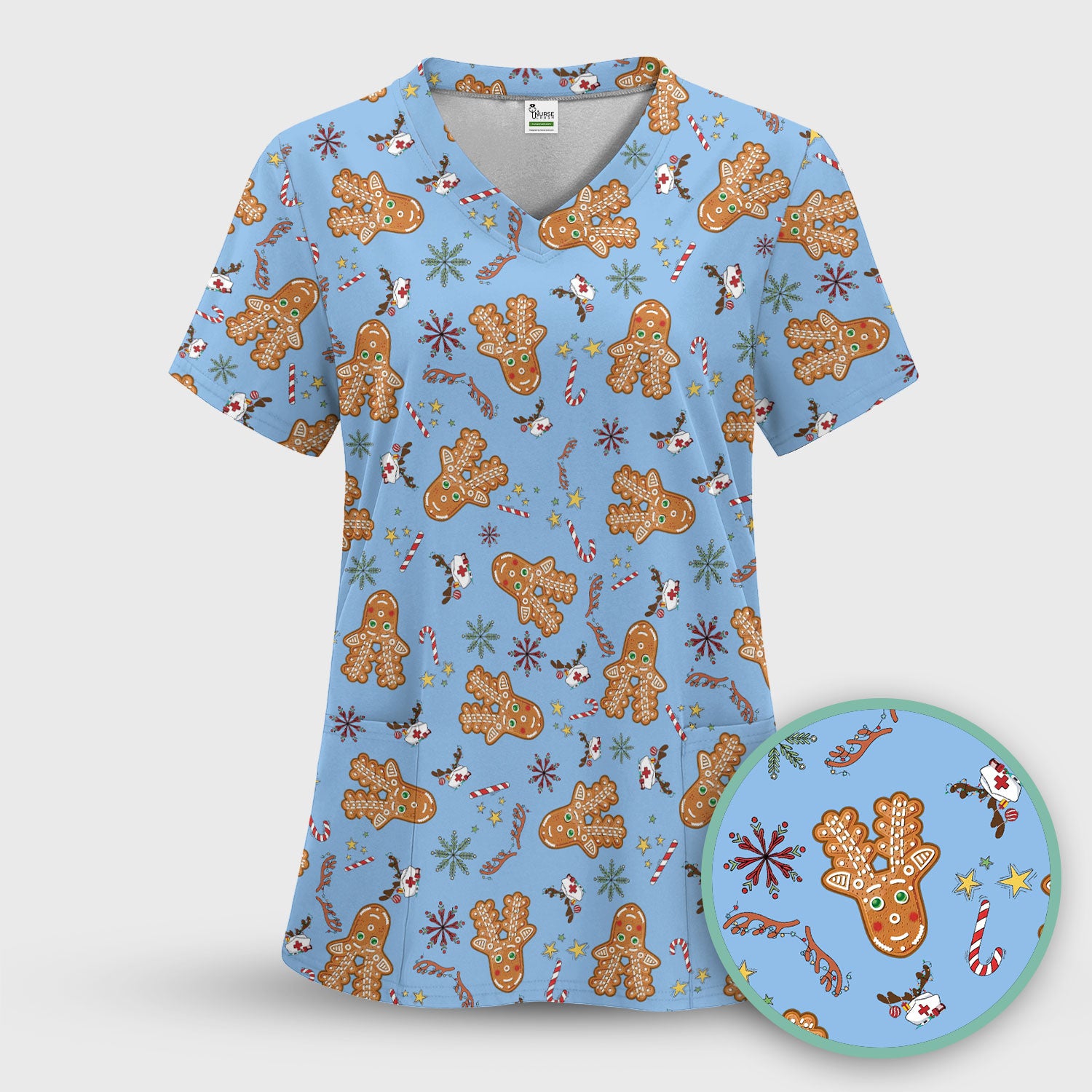 Gingerbread Cookies Reindeer Scrub Top - Funny Christmas Gingerbread Nursing Uniform - Comfortable Scrubs for Nurses