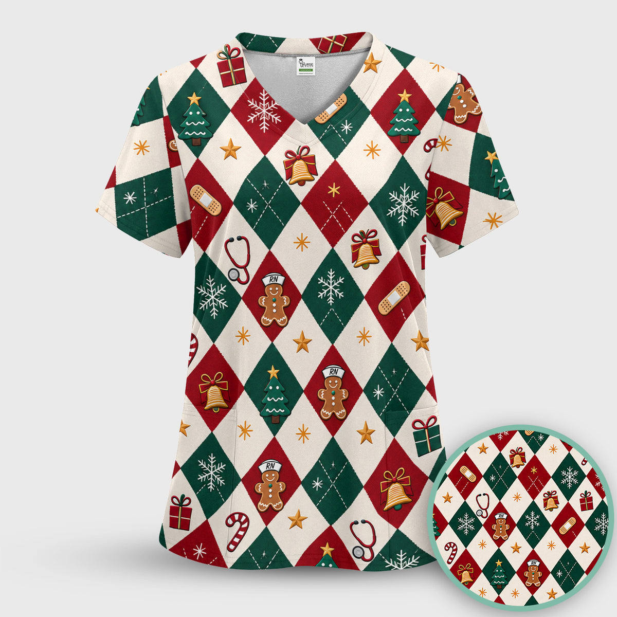 Christmas Gingerbread Nurse Argyle Scrub Top, Comfortable Scrubs for Nurses