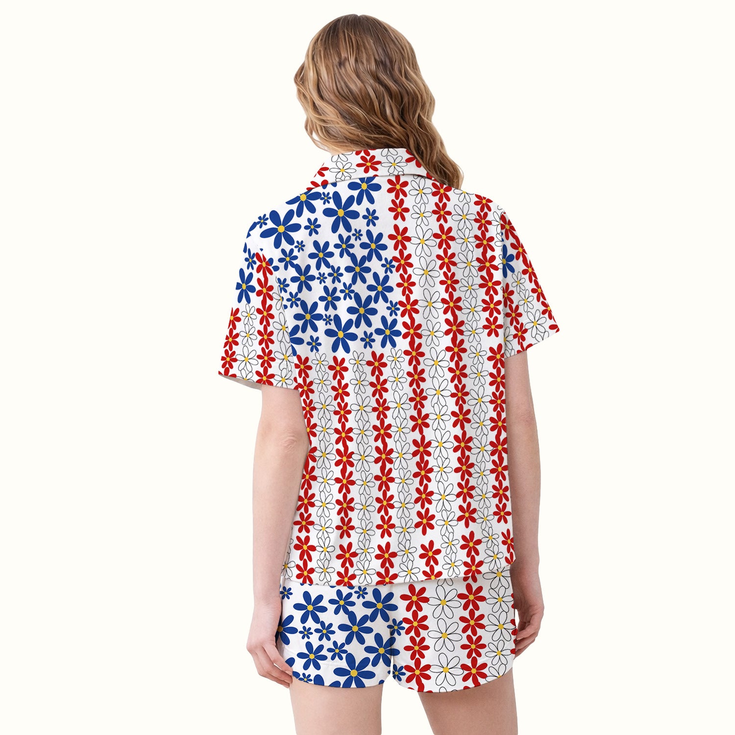 Retro Red Blue Daisy Stripe Pattern Pajama Set, Soft Breathable Fabric Comfortable Sleepwear